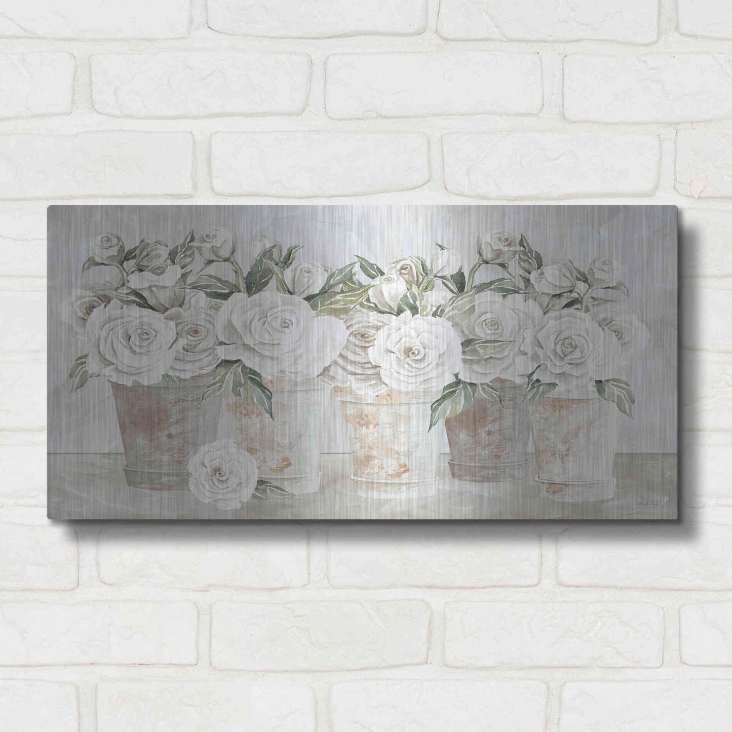 Luxe Metal Art 'Potted Roses' by Cindy Jacobs, Metal Wall Art,24x12