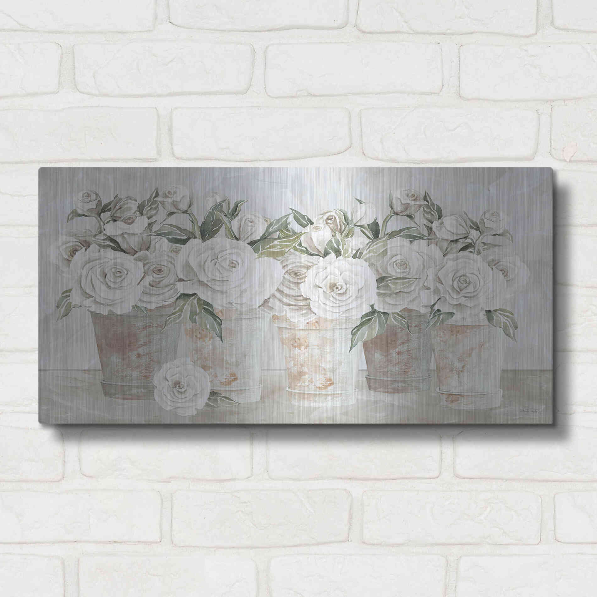 Luxe Metal Art 'Potted Roses' by Cindy Jacobs, Metal Wall Art,24x12