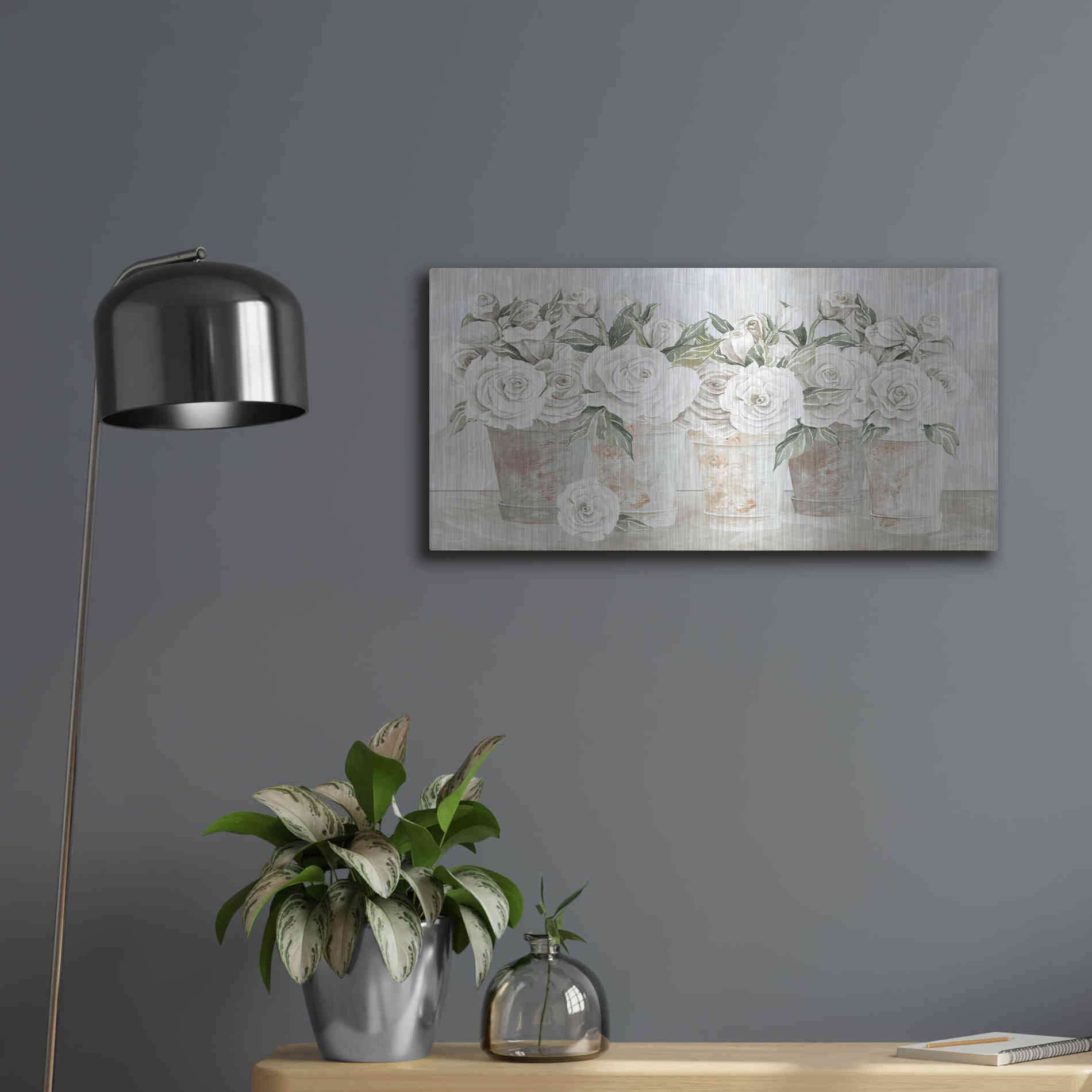 Luxe Metal Art 'Potted Roses' by Cindy Jacobs, Metal Wall Art,24x12