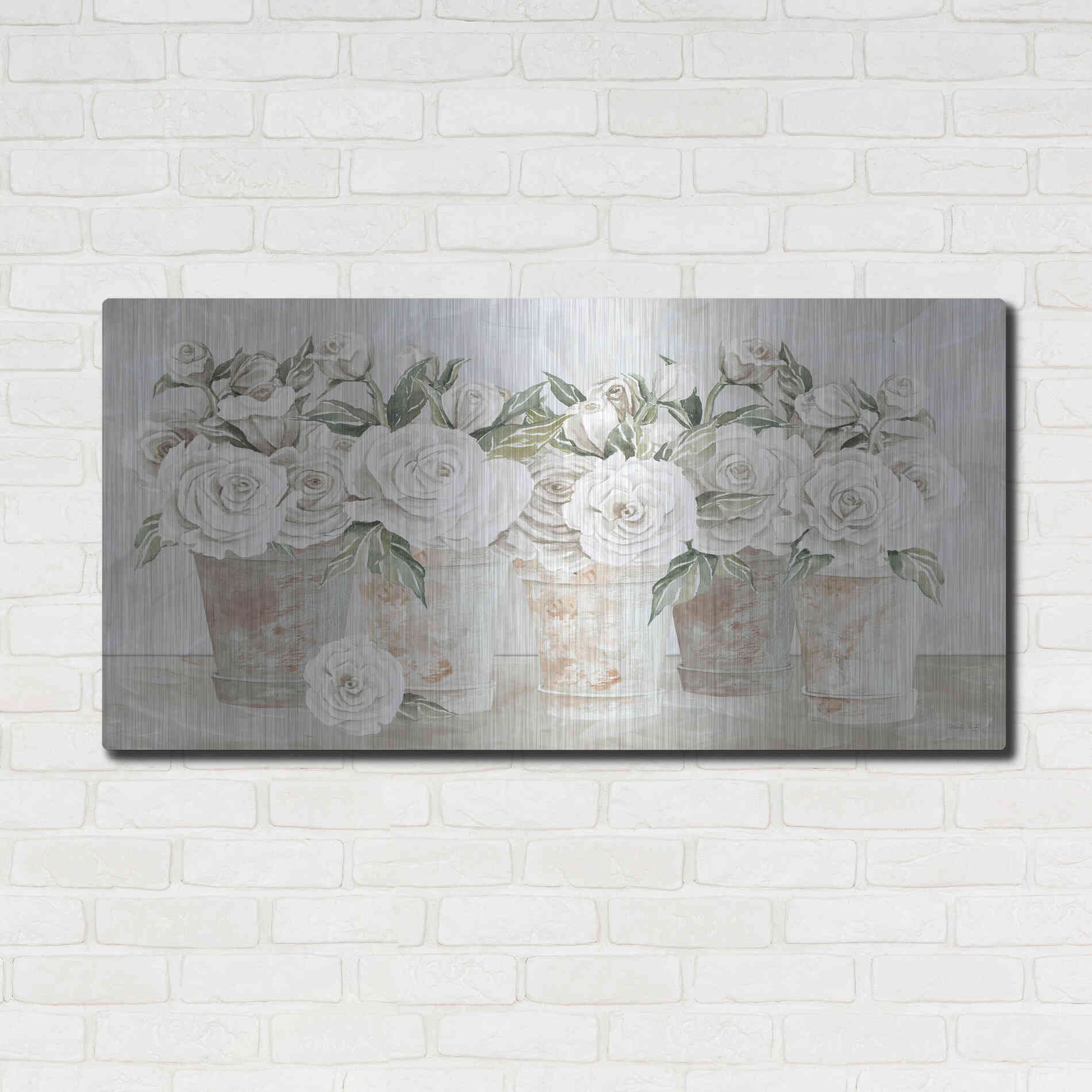 Luxe Metal Art 'Potted Roses' by Cindy Jacobs, Metal Wall Art,48x24