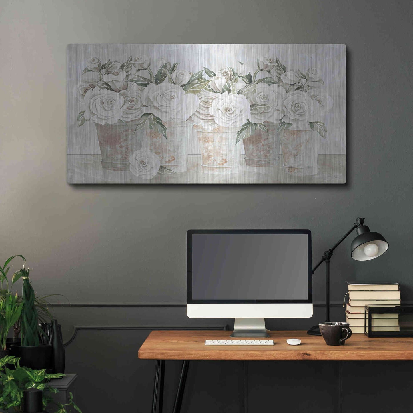 Luxe Metal Art 'Potted Roses' by Cindy Jacobs, Metal Wall Art,48x24