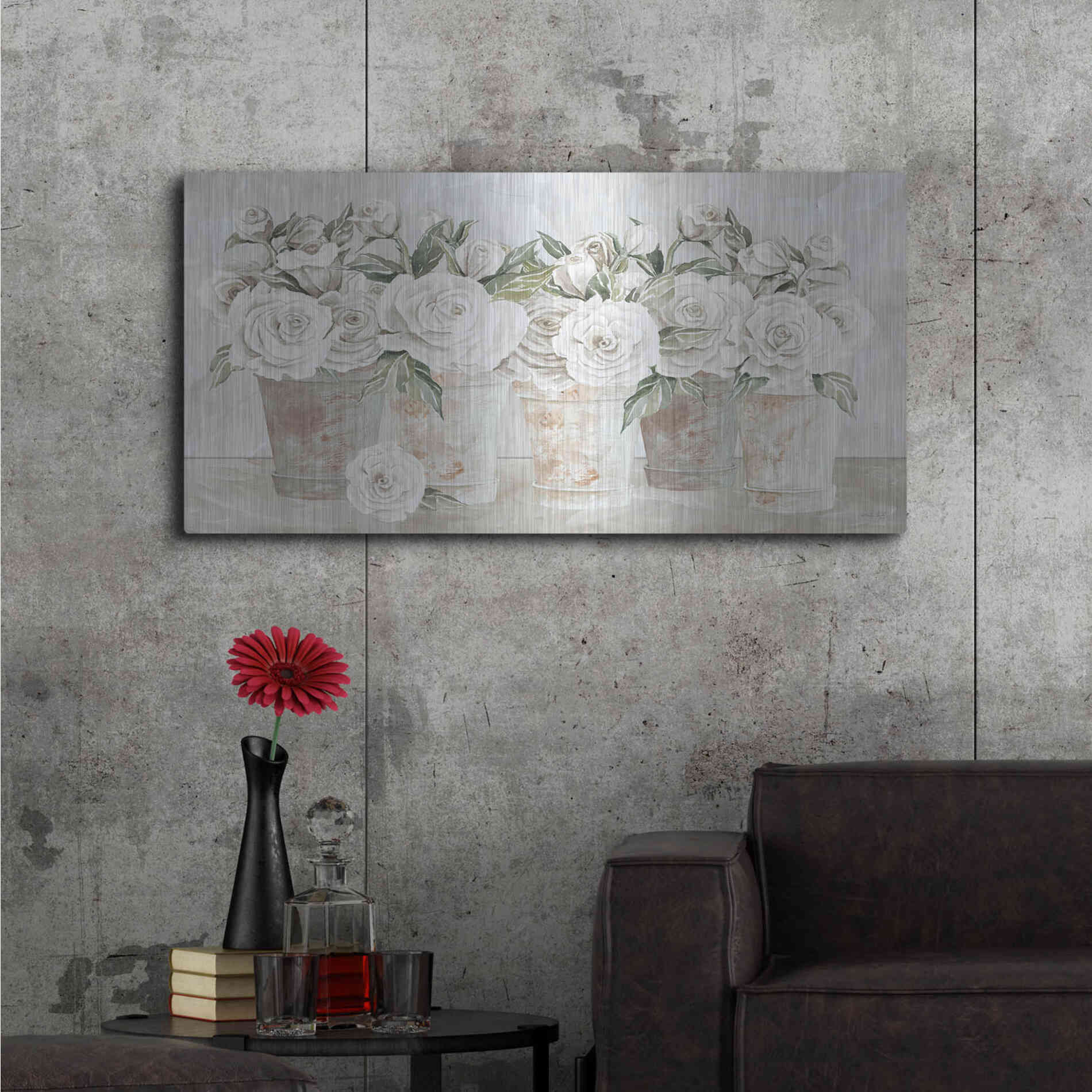 Luxe Metal Art 'Potted Roses' by Cindy Jacobs, Metal Wall Art,48x24
