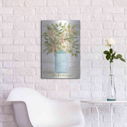 Luxe Metal Art 'Happy Holidays White Poinsettias' by Cindy Jacobs, Metal Wall Art,16x24