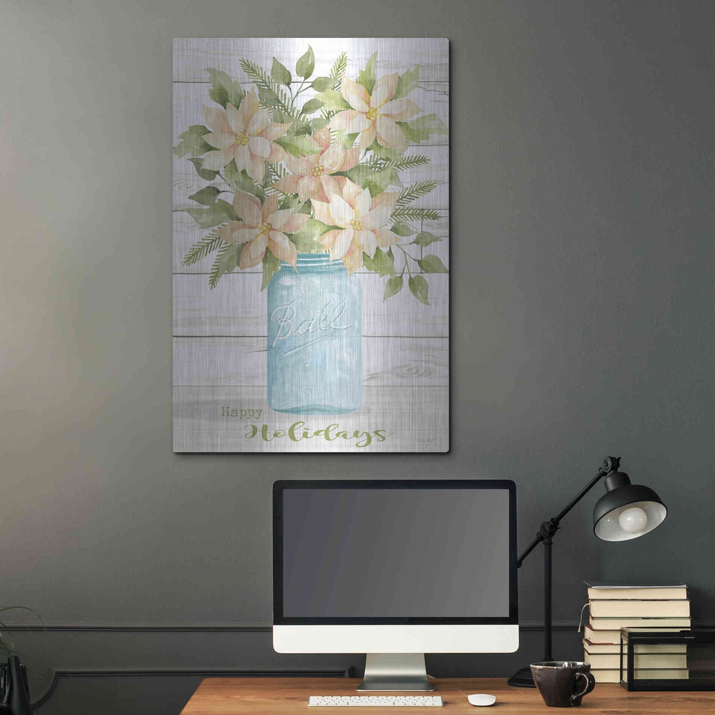 Luxe Metal Art 'Happy Holidays White Poinsettias' by Cindy Jacobs, Metal Wall Art,24x36