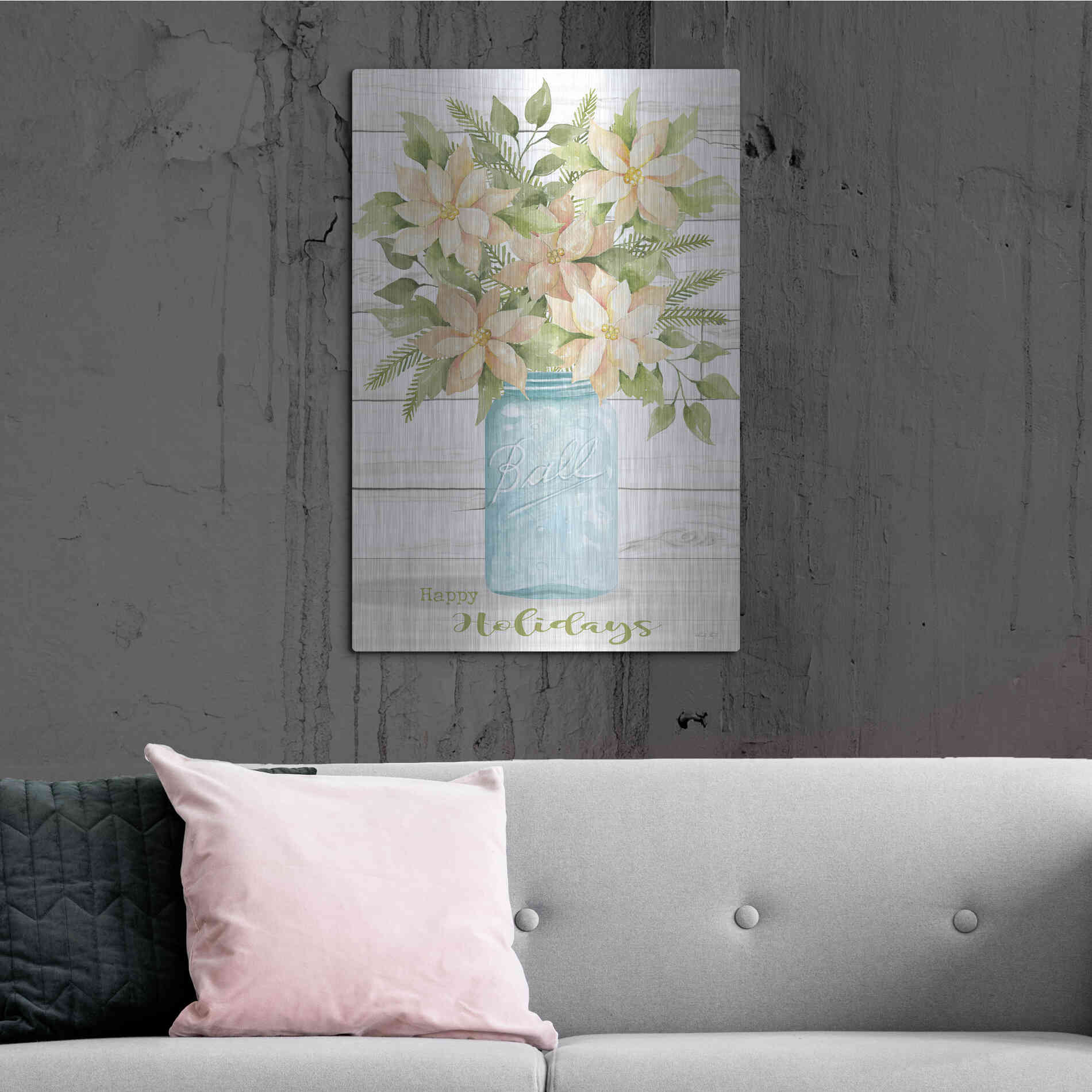 Luxe Metal Art 'Happy Holidays White Poinsettias' by Cindy Jacobs, Metal Wall Art,24x36