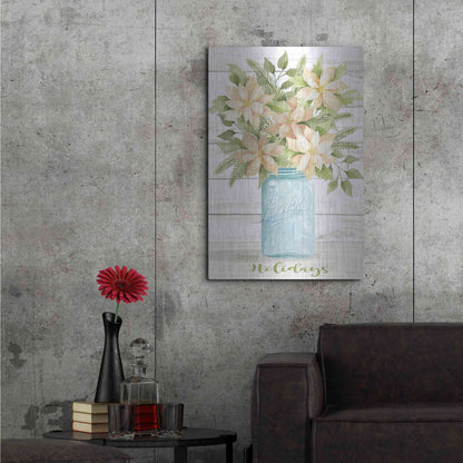 Luxe Metal Art 'Happy Holidays White Poinsettias' by Cindy Jacobs, Metal Wall Art,24x36