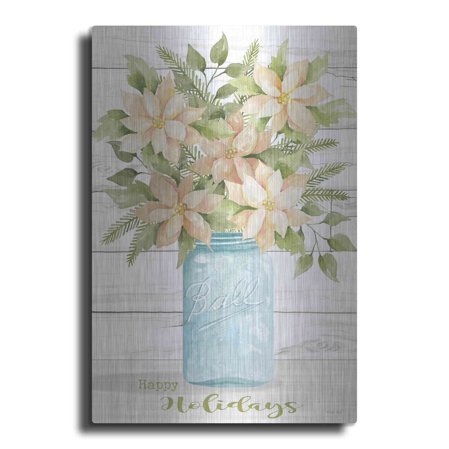 Luxe Metal Art 'Happy Holidays White Poinsettias' by Cindy Jacobs, Metal Wall Art