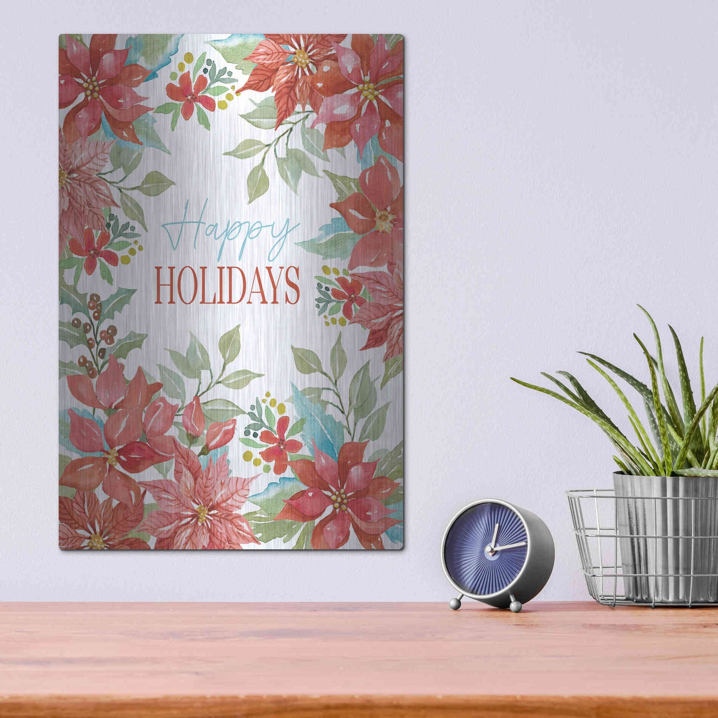 Luxe Metal Art 'Happy Holidays Poinsettias' by Cindy Jacobs, Metal Wall Art,12x16