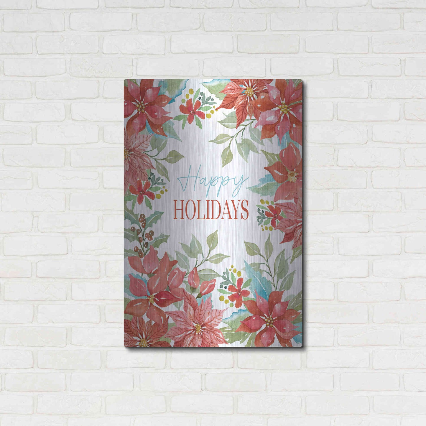 Luxe Metal Art 'Happy Holidays Poinsettias' by Cindy Jacobs, Metal Wall Art,24x36