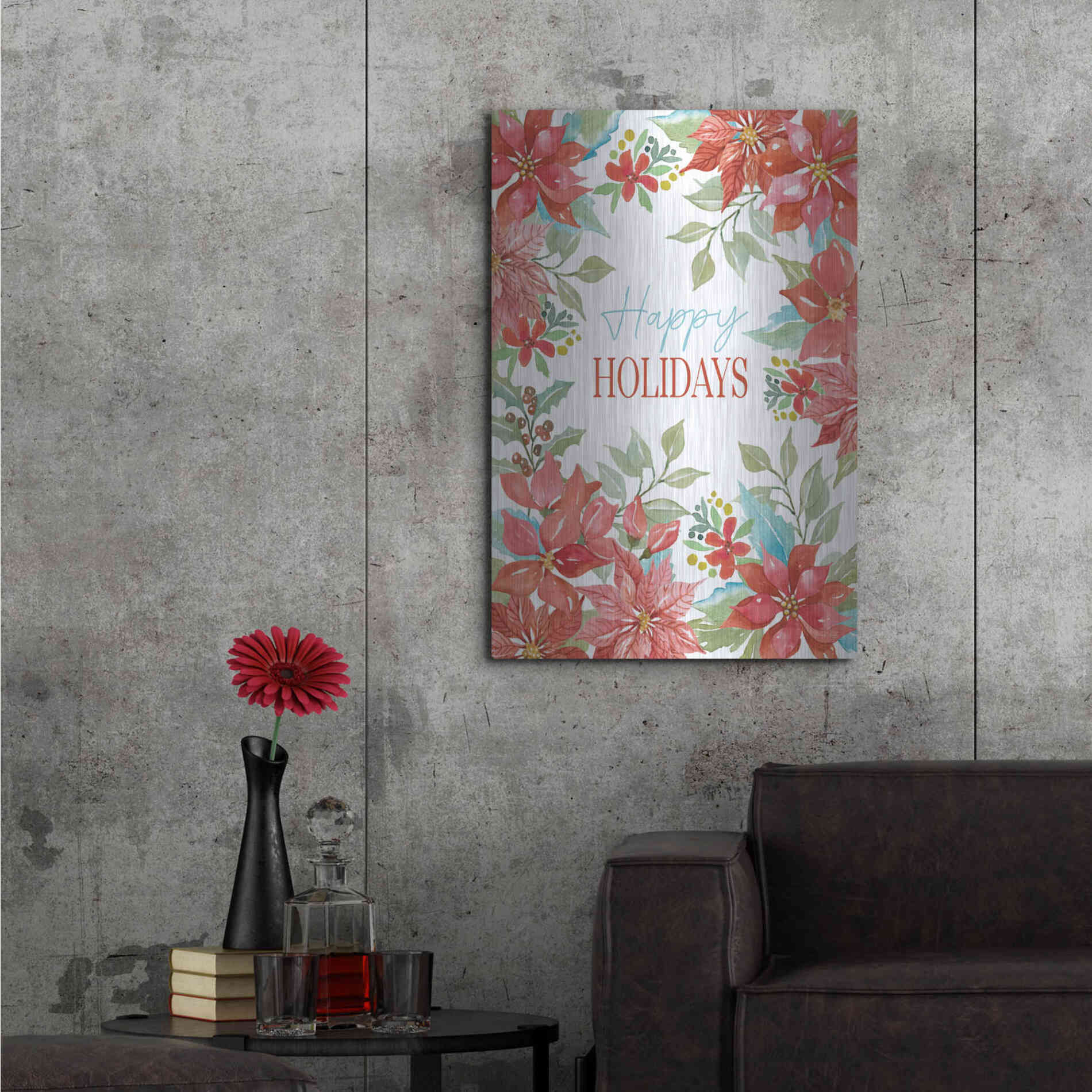 Luxe Metal Art 'Happy Holidays Poinsettias' by Cindy Jacobs, Metal Wall Art,24x36