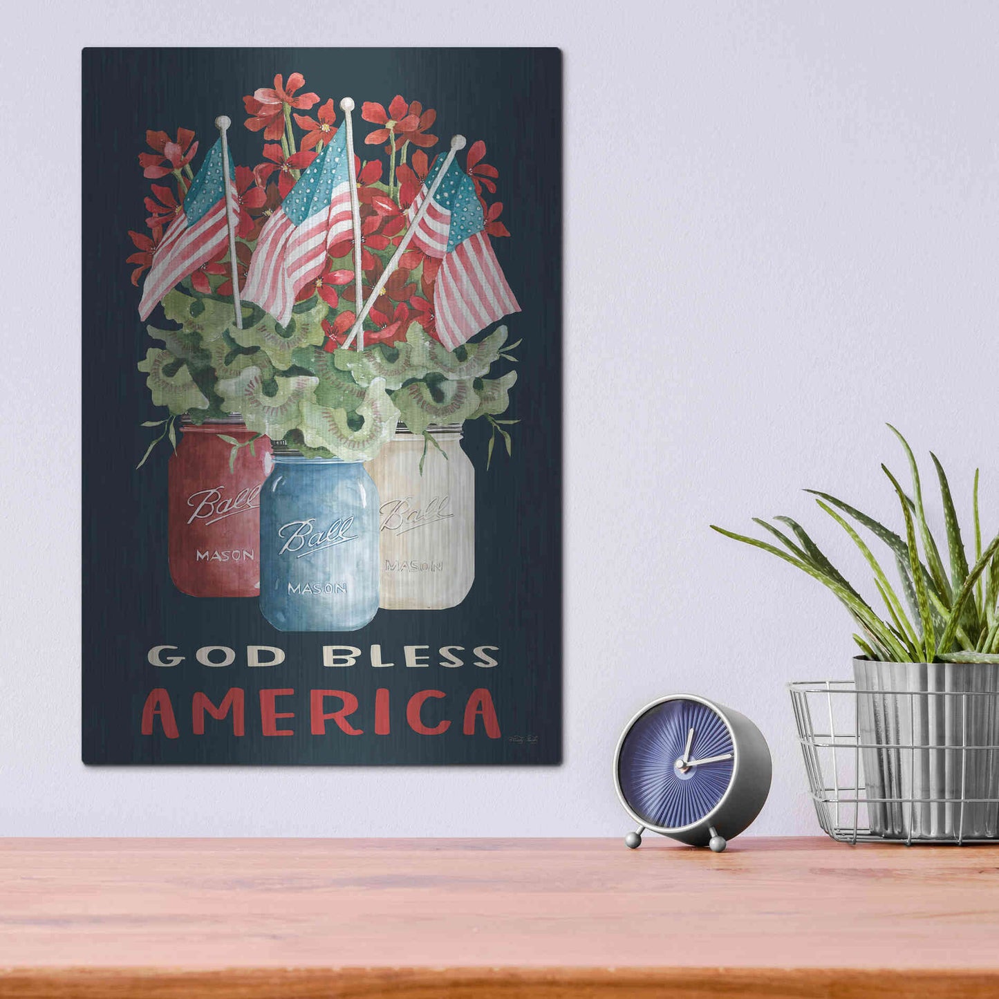 Luxe Metal Art 'God Bless America Floral' by Cindy Jacobs, Metal Wall Art,12x16