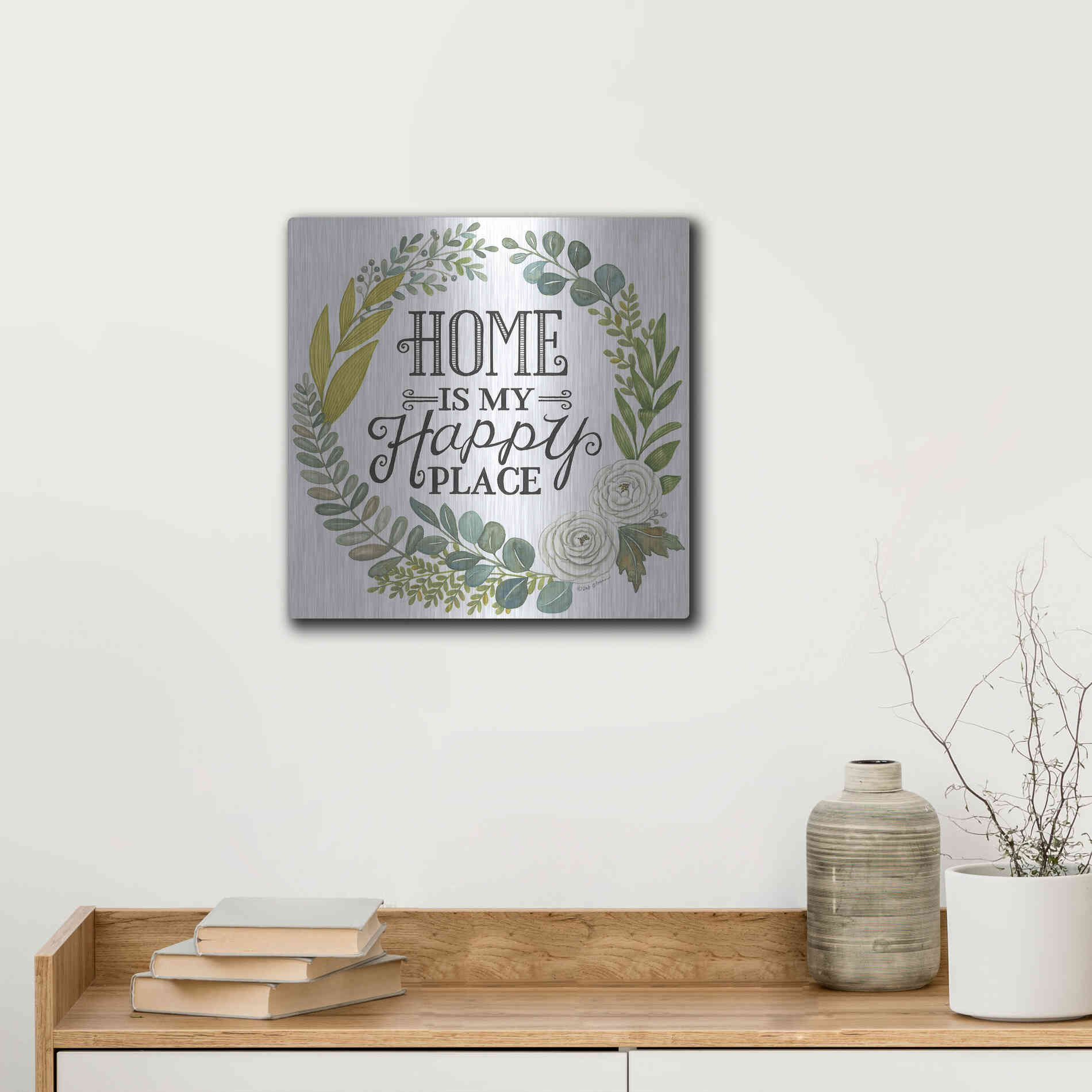 Luxe Metal Art 'Home Is My Happy Place' by Deb Strain, Metal Wall Art,12x12