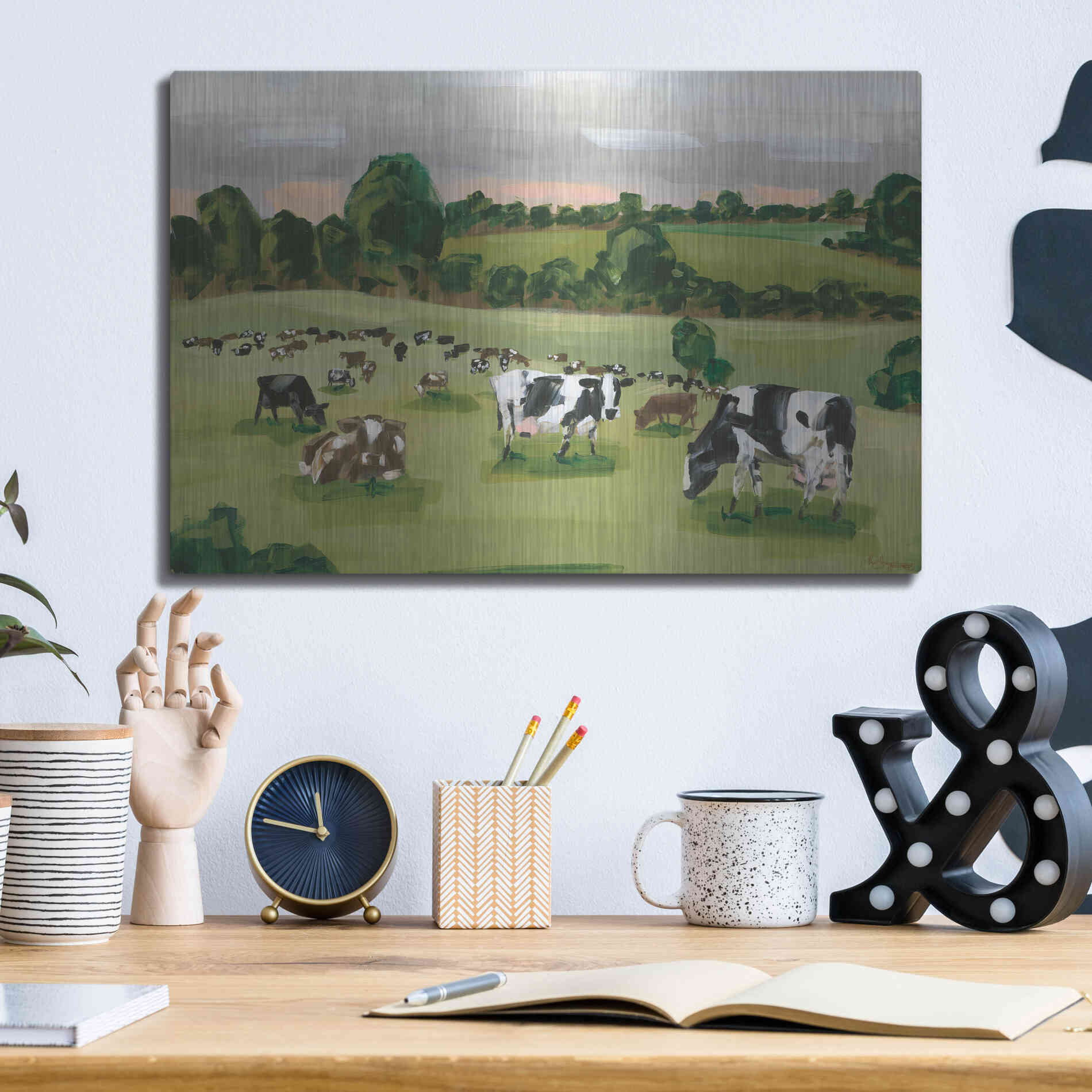Luxe Metal Art 'Abstract Field Of Cows' by Hollihocks Art, Metal Wall Art,16x12