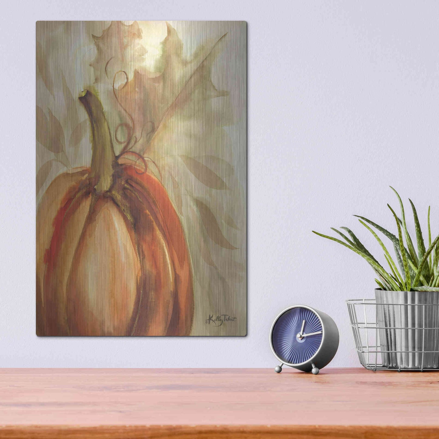 Luxe Metal Art 'Golden Fall Pumpkin' by Kelley Talent, Metal Wall Art,12x16
