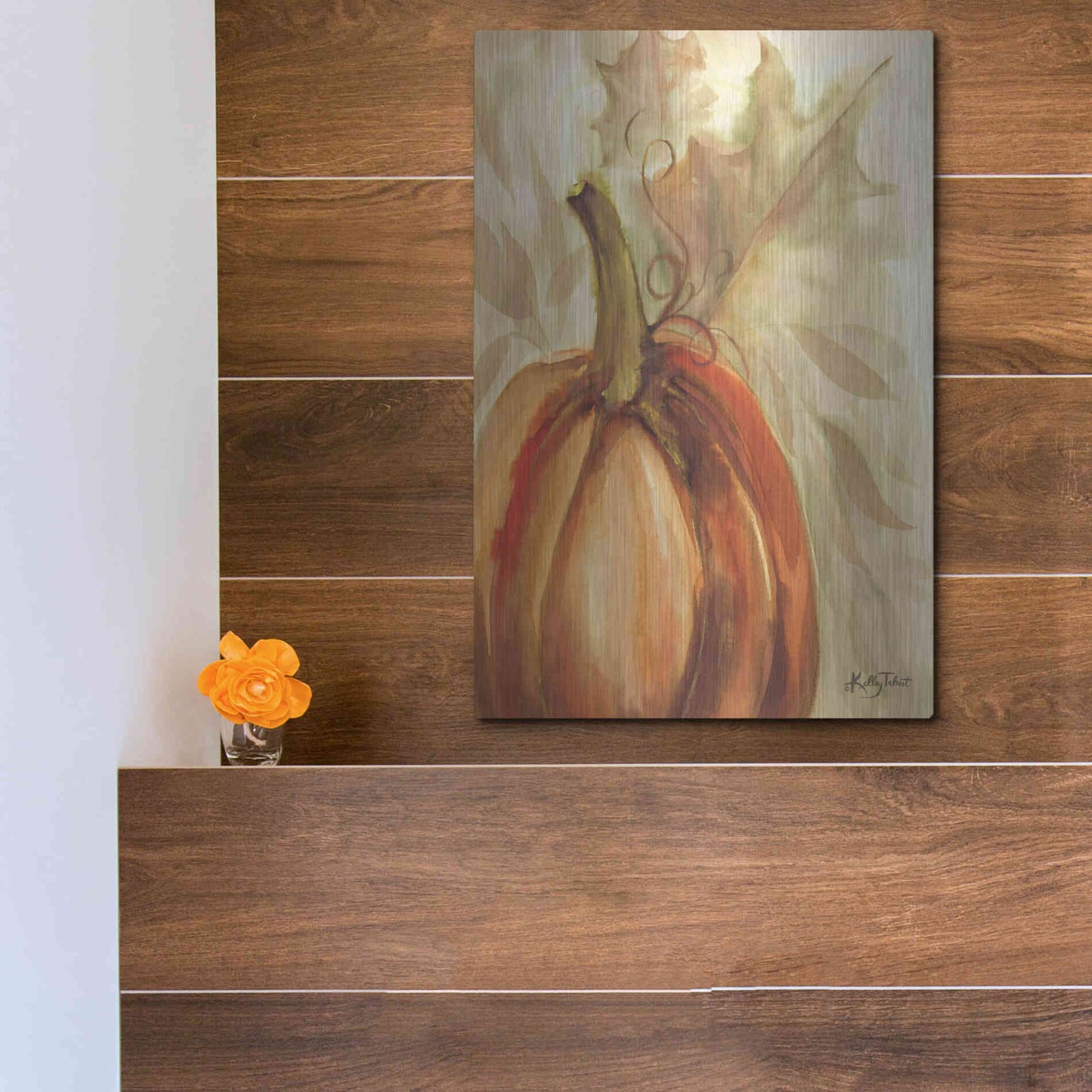 Luxe Metal Art 'Golden Fall Pumpkin' by Kelley Talent, Metal Wall Art,12x16