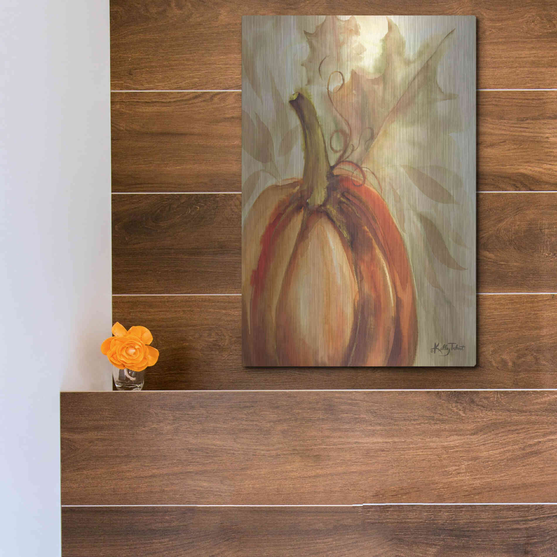 Luxe Metal Art 'Golden Fall Pumpkin' by Kelley Talent, Metal Wall Art,12x16