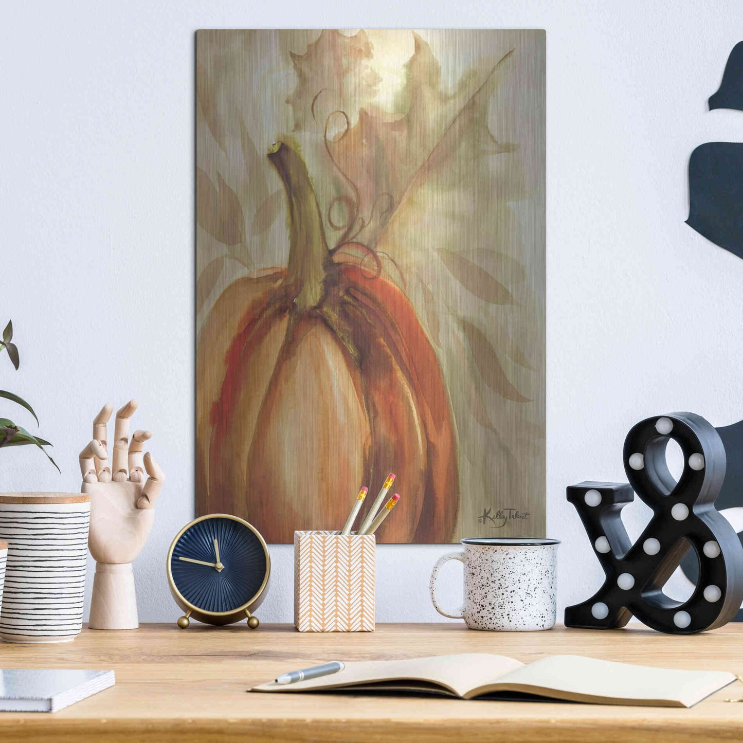Luxe Metal Art 'Golden Fall Pumpkin' by Kelley Talent, Metal Wall Art,12x16