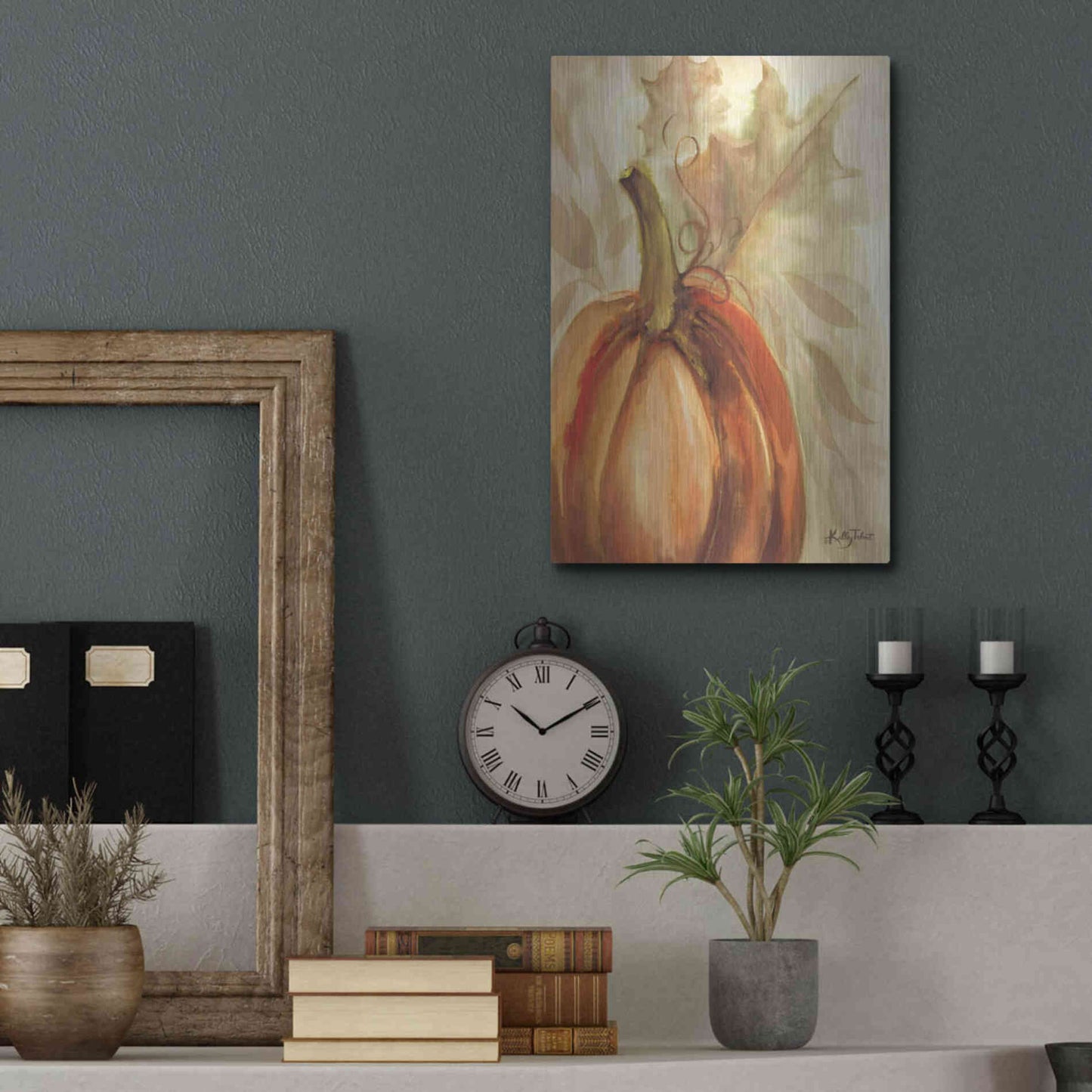 Luxe Metal Art 'Golden Fall Pumpkin' by Kelley Talent, Metal Wall Art,12x16