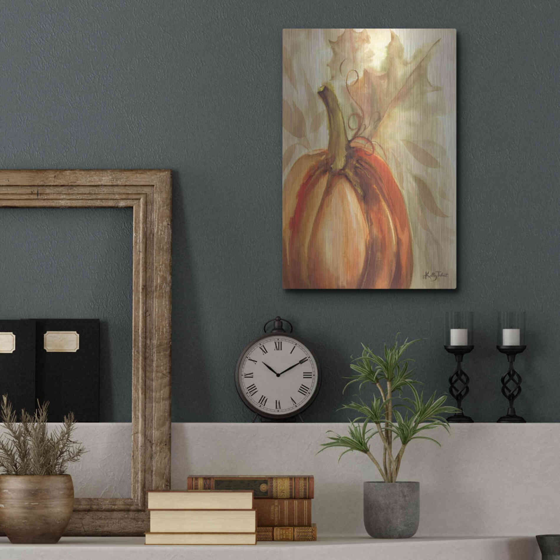 Luxe Metal Art 'Golden Fall Pumpkin' by Kelley Talent, Metal Wall Art,12x16