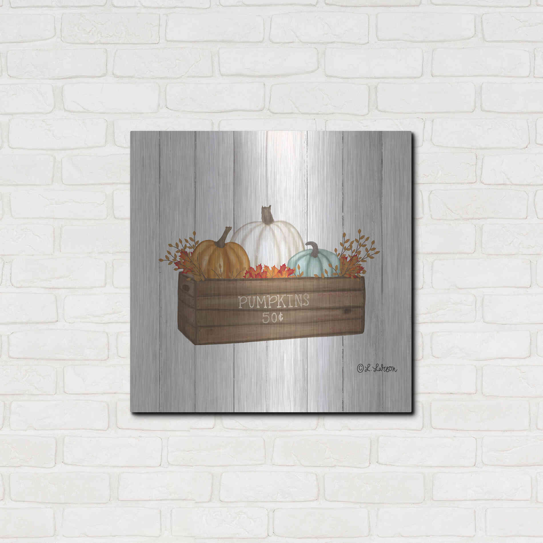 Luxe Metal Art 'Pumpkins In Box' by Lisa Larson, Metal Wall Art,24x24