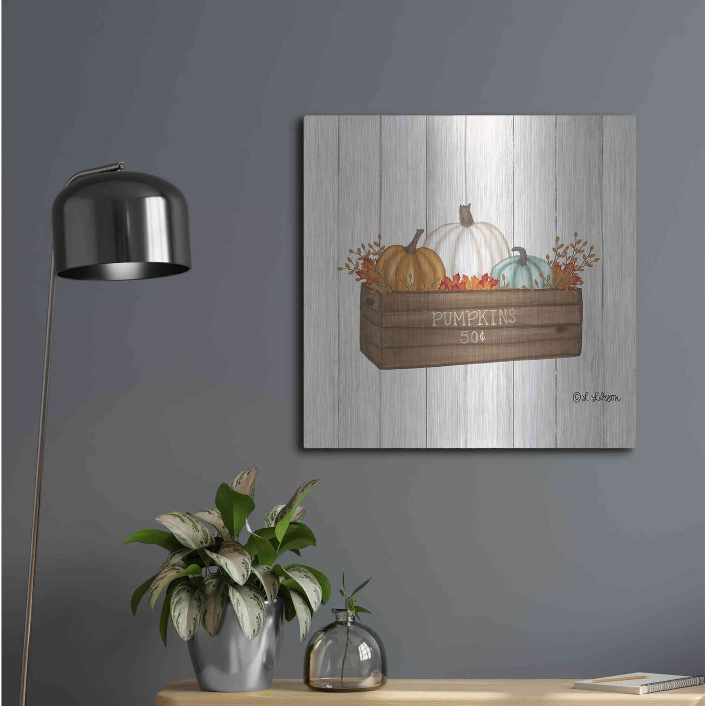 Luxe Metal Art 'Pumpkins In Box' by Lisa Larson, Metal Wall Art,24x24