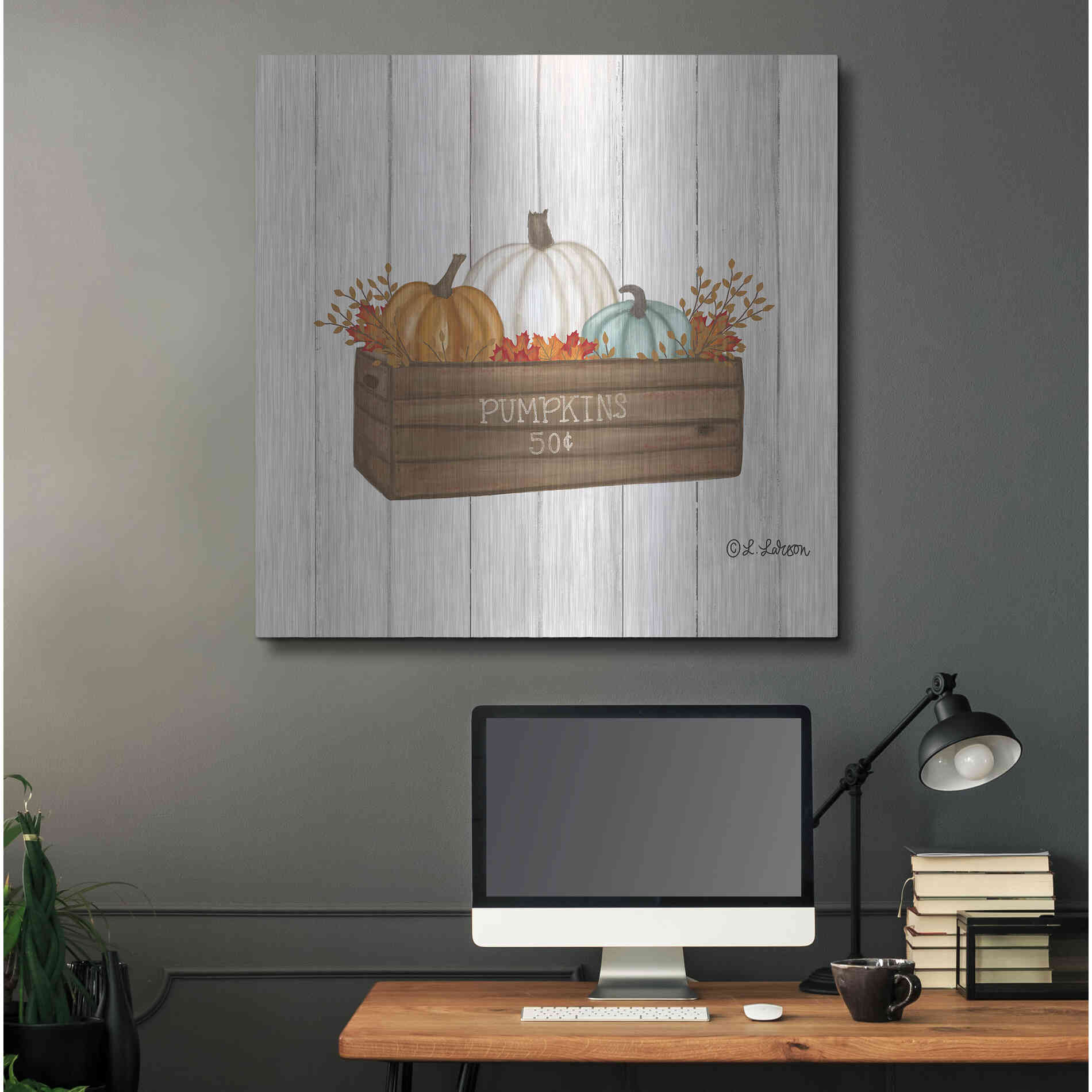 Luxe Metal Art 'Pumpkins In Box' by Lisa Larson, Metal Wall Art,36x36