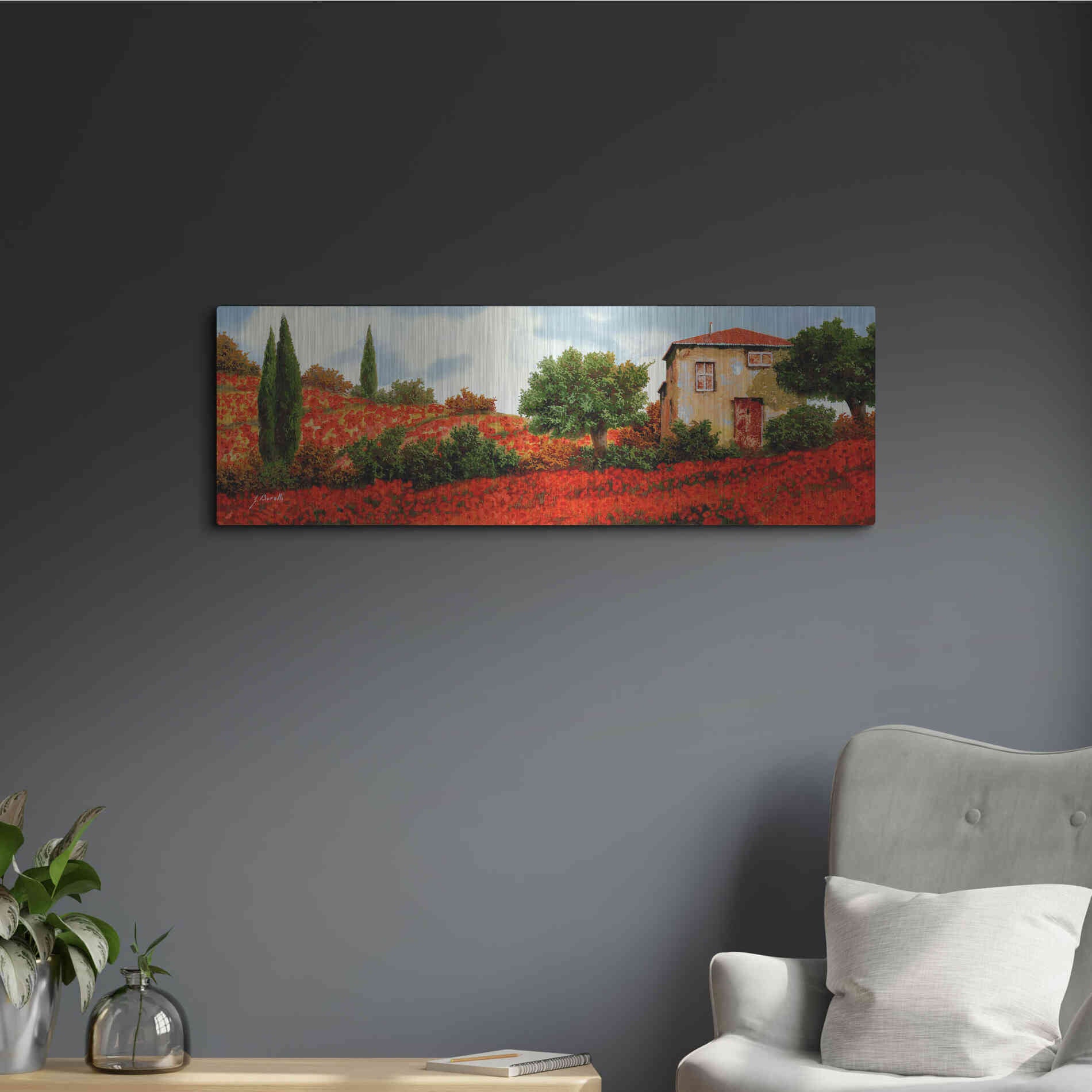 Luxe Metal Art 'Papaveri Sulle Colline' by Guido Borelli, Metal Wall Art,36x12