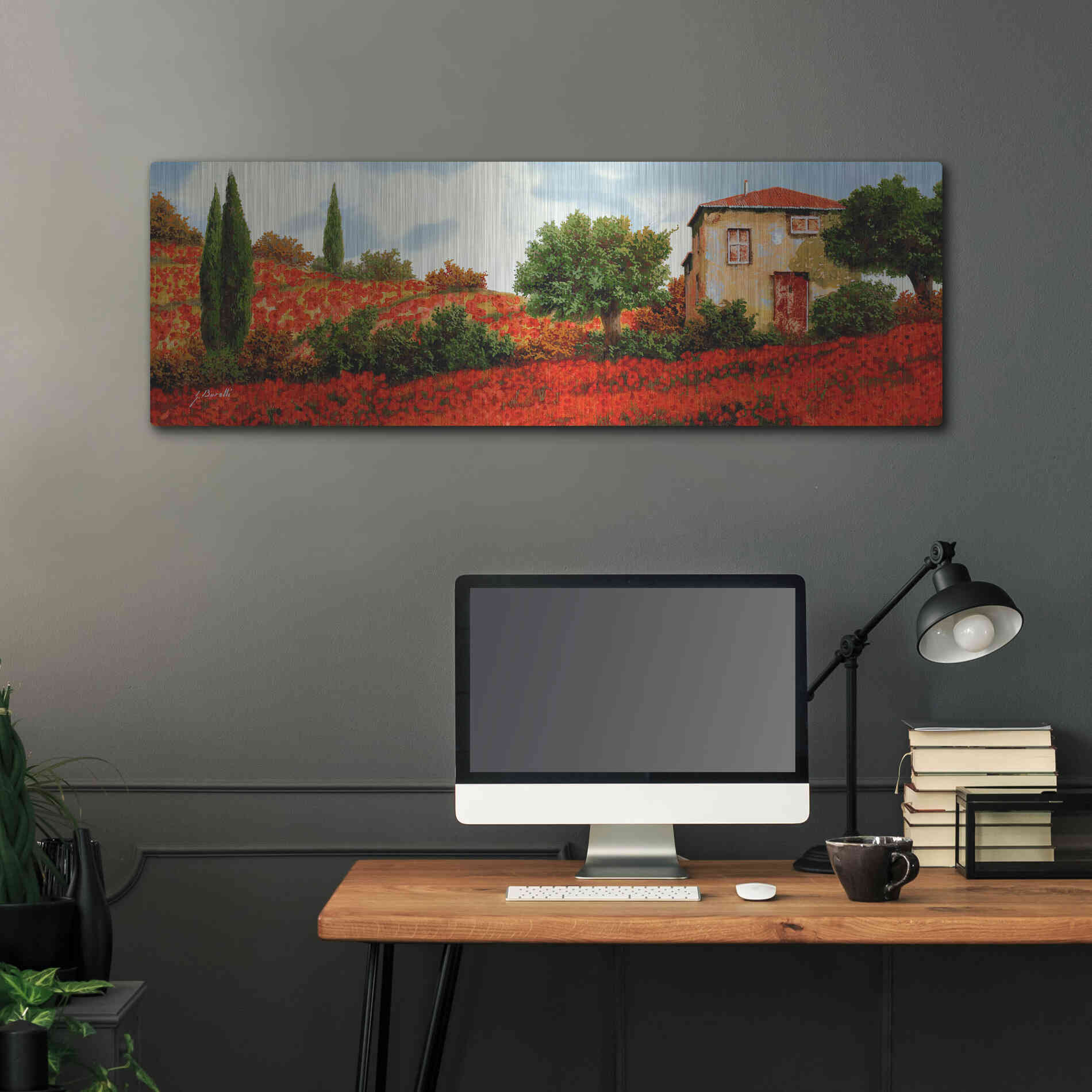 Luxe Metal Art 'Papaveri Sulle Colline' by Guido Borelli, Metal Wall Art,48x16