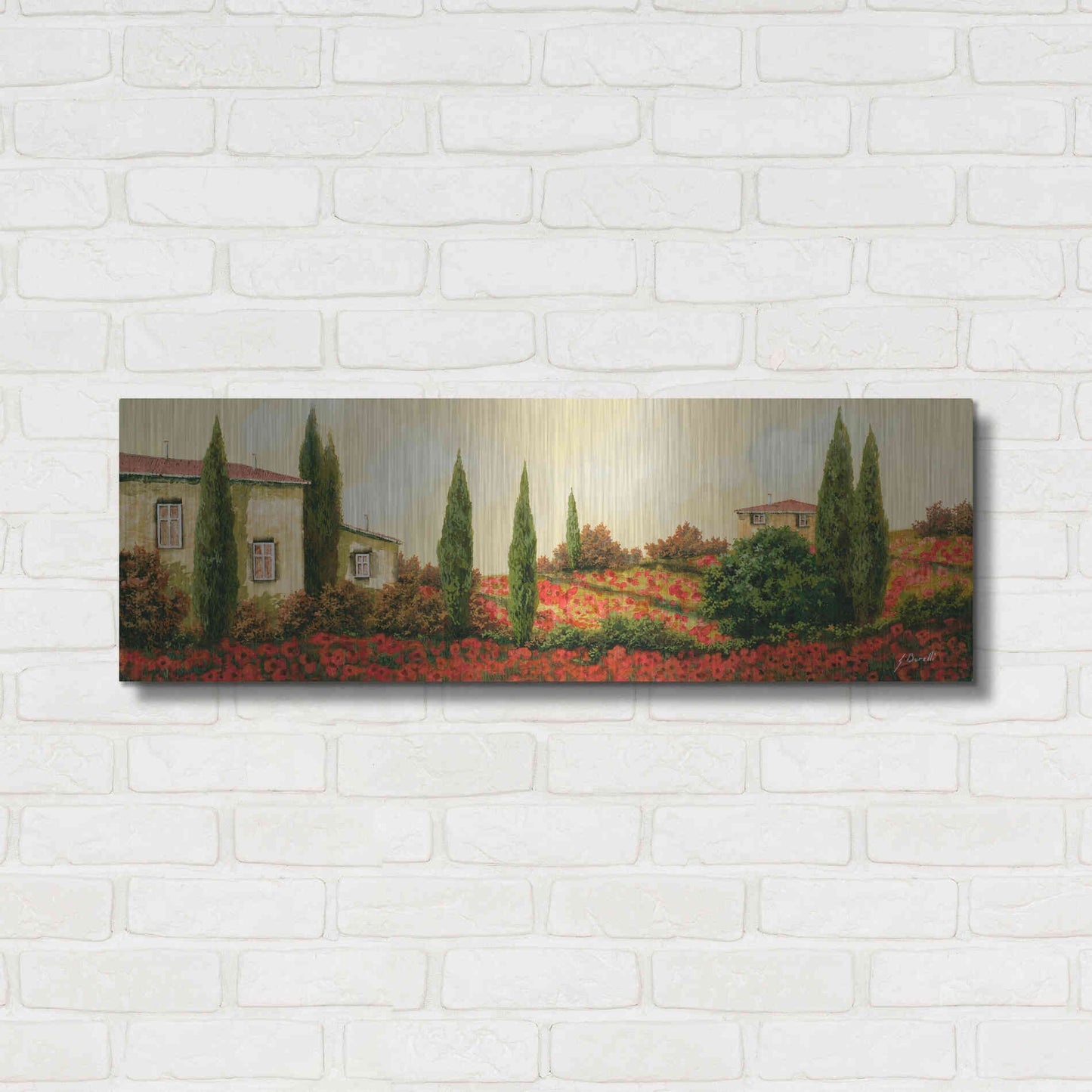 Luxe Metal Art 'Tre Case Tra I Papaveri' by Guido Borelli, Metal Wall Art,36x12