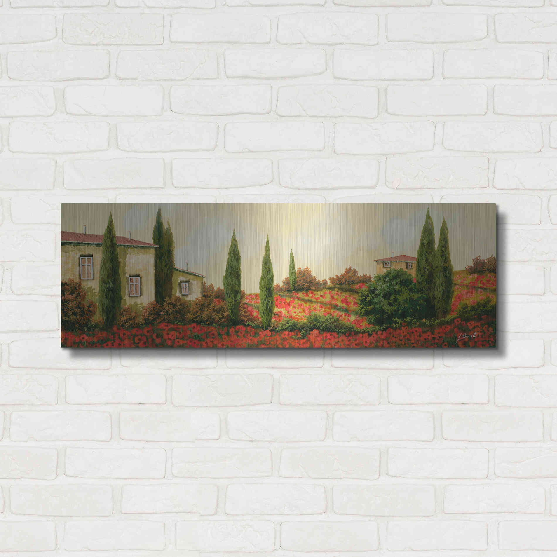 Luxe Metal Art 'Tre Case Tra I Papaveri' by Guido Borelli, Metal Wall Art,36x12