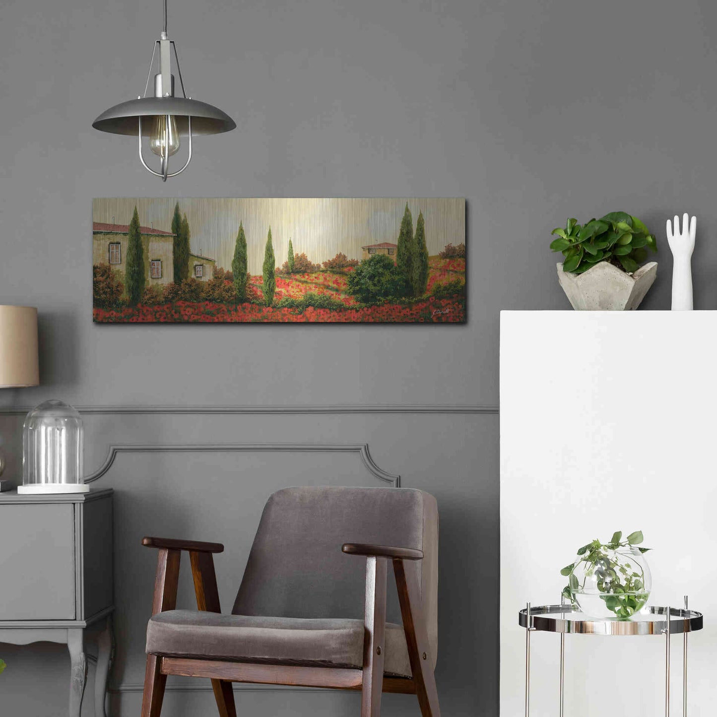 Luxe Metal Art 'Tre Case Tra I Papaveri' by Guido Borelli, Metal Wall Art,36x12