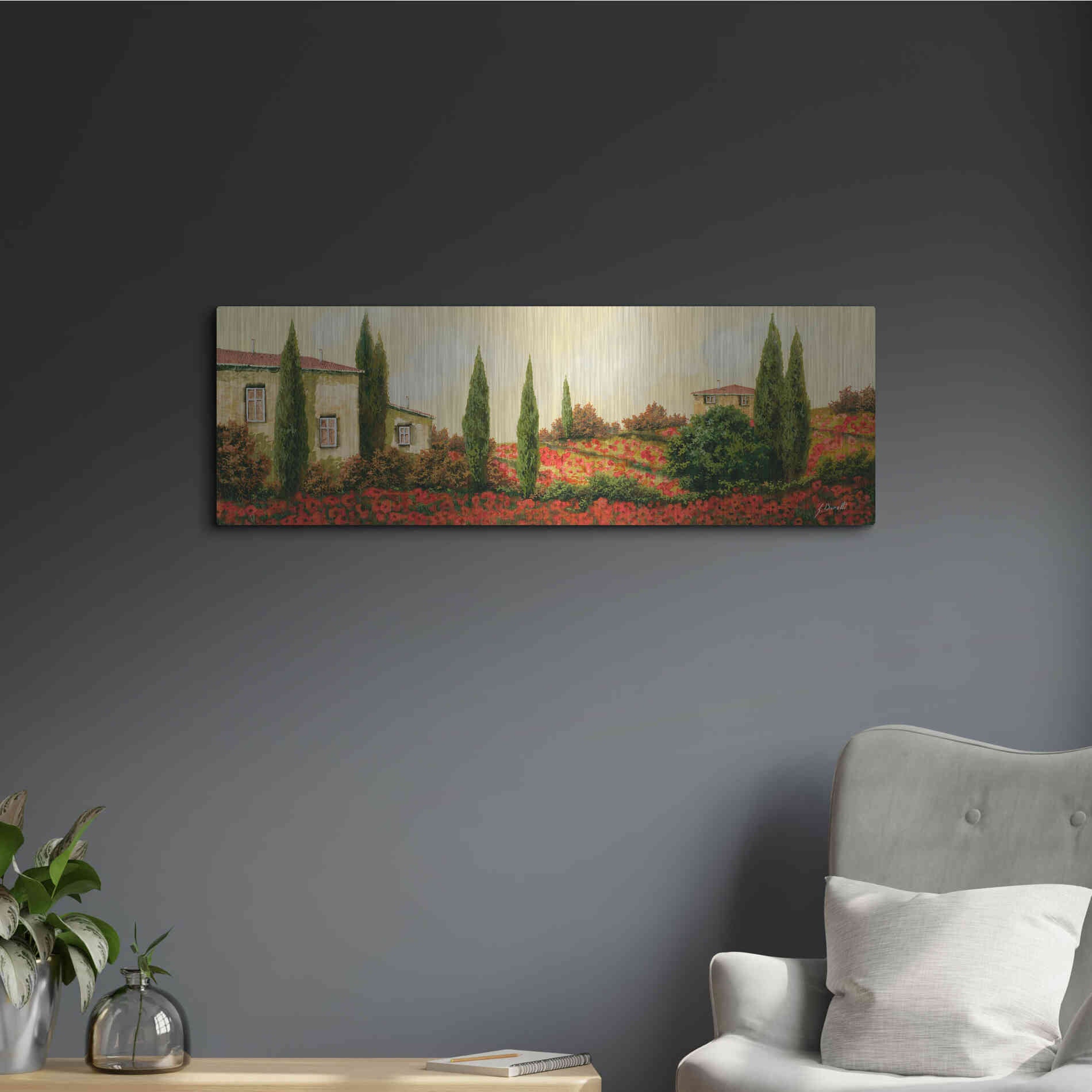 Luxe Metal Art 'Tre Case Tra I Papaveri' by Guido Borelli, Metal Wall Art,36x12