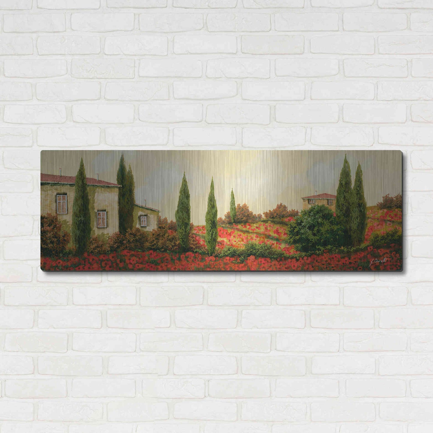 Luxe Metal Art 'Tre Case Tra I Papaveri' by Guido Borelli, Metal Wall Art,48x16