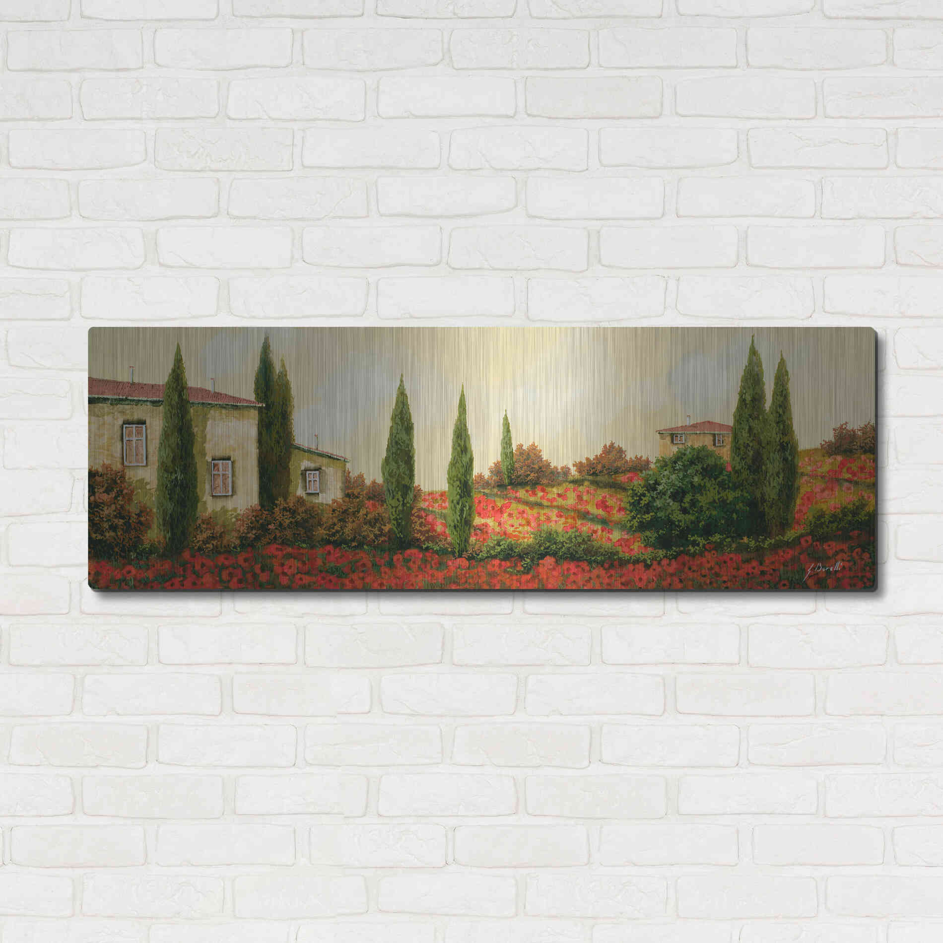 Luxe Metal Art 'Tre Case Tra I Papaveri' by Guido Borelli, Metal Wall Art,48x16