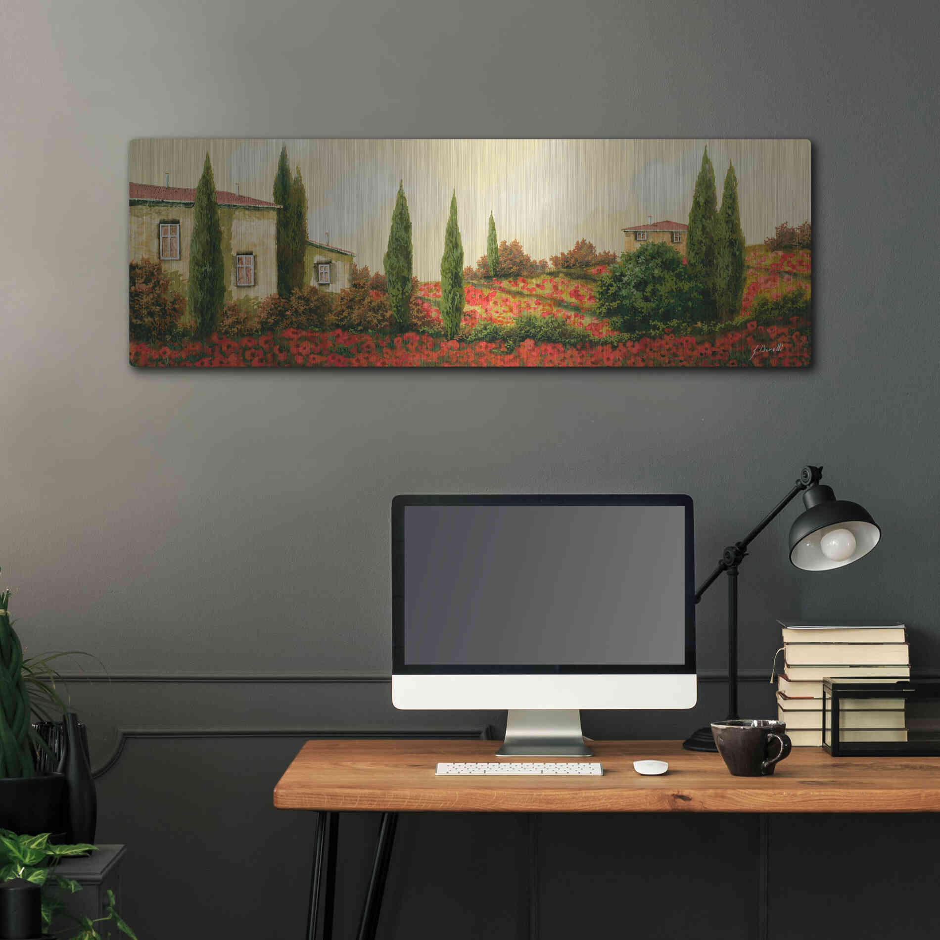 Luxe Metal Art 'Tre Case Tra I Papaveri' by Guido Borelli, Metal Wall Art,48x16