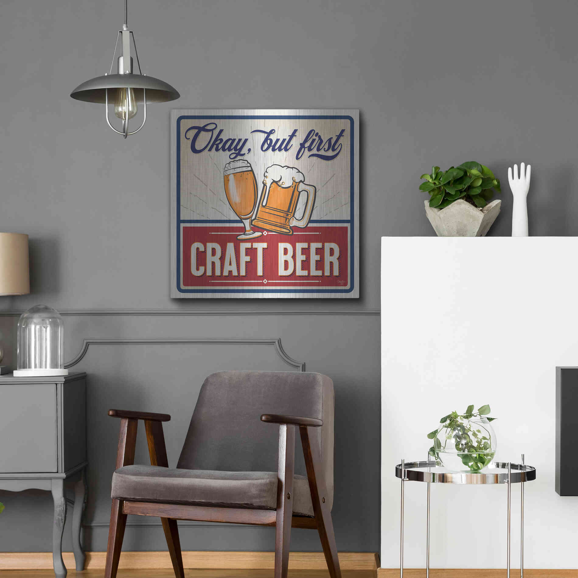 Luxe Metal Art 'Okay, But First Craft Beer' by Mollie B., Metal Wall Art,24x24