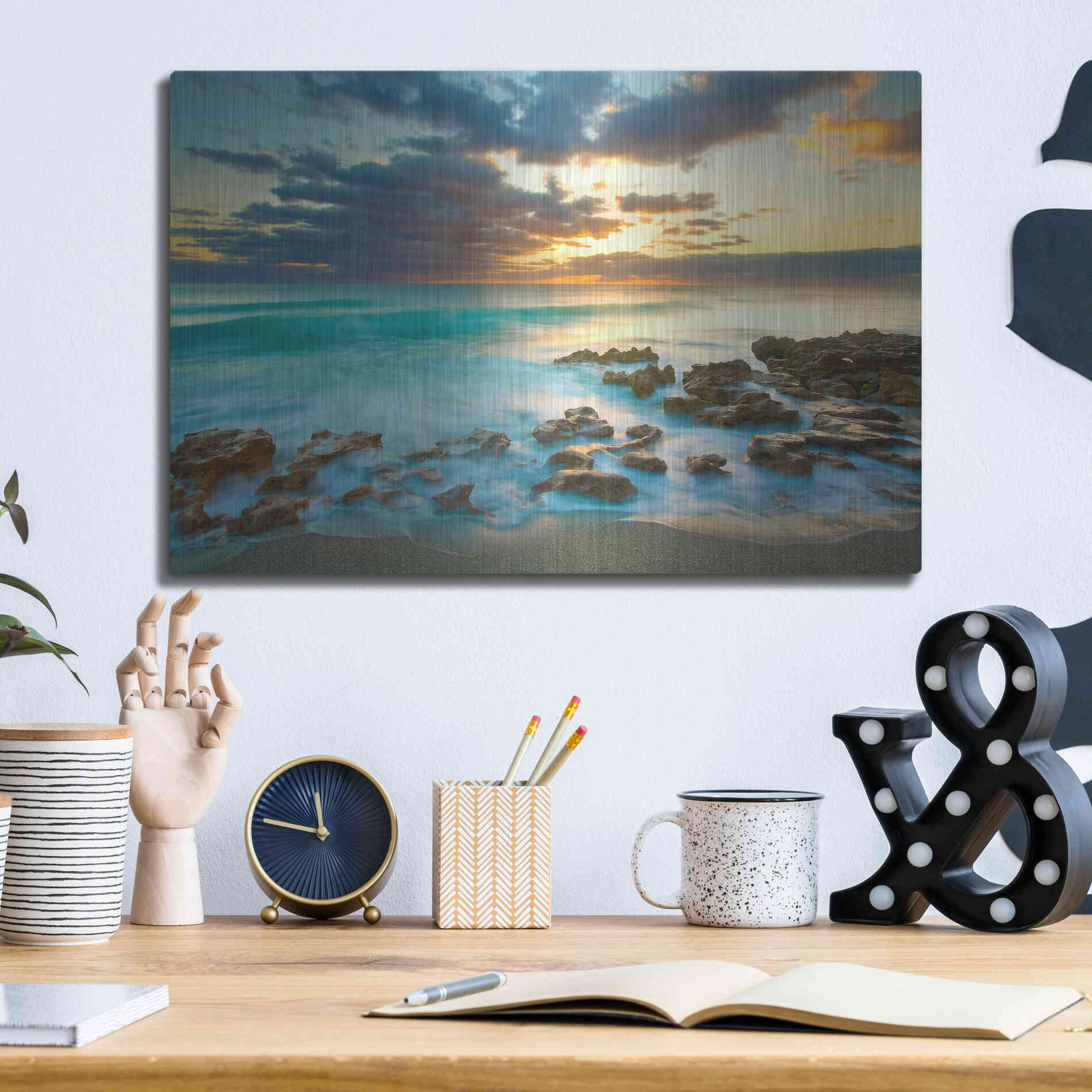 Luxe Metal Art 'Ocean Sunrise' by Patrick Zephyr, Metal Wall Art,16x12