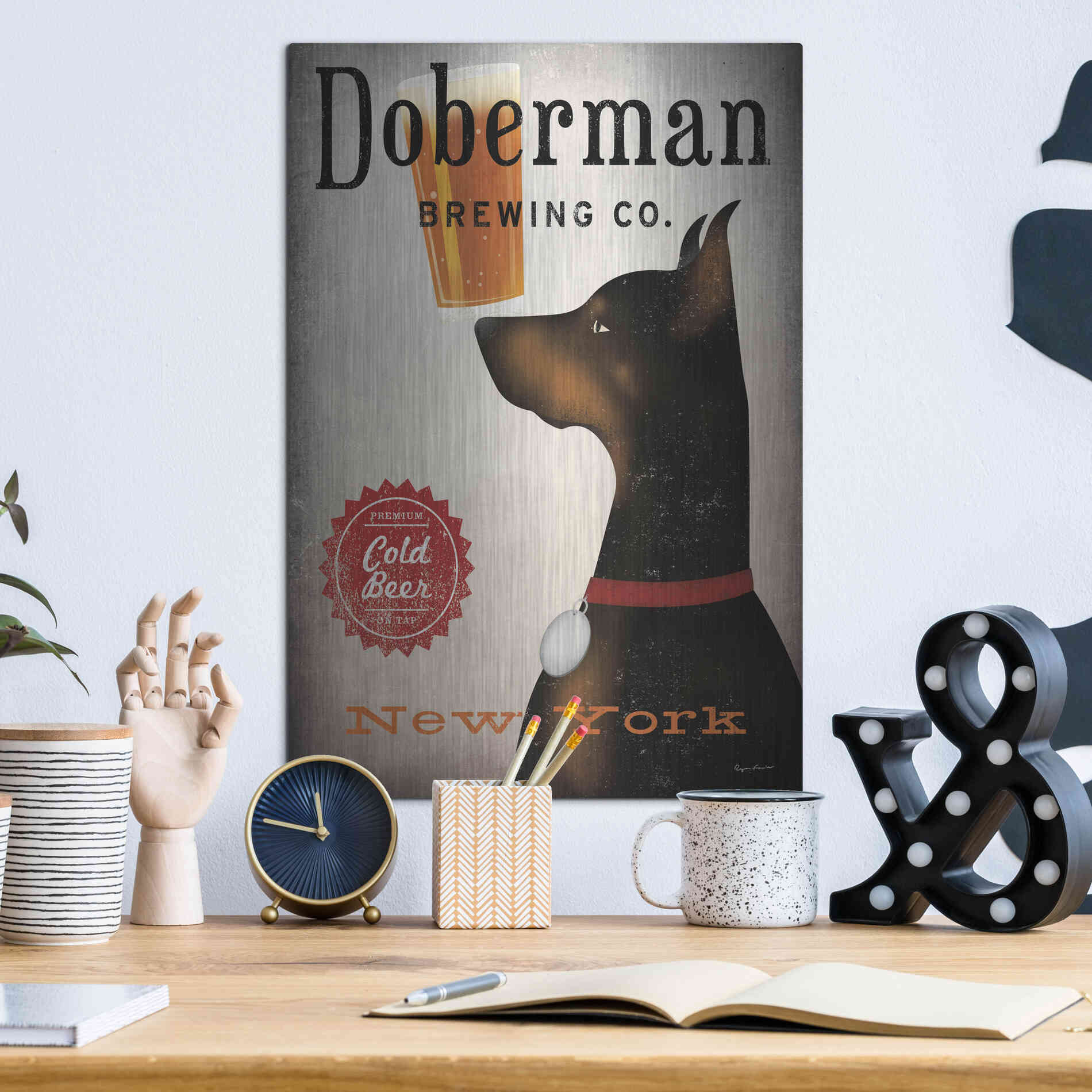 Luxe Metal Art 'Doberman Brewing Company NY' by Ryan Fowler, Metal Wall Art,12x16