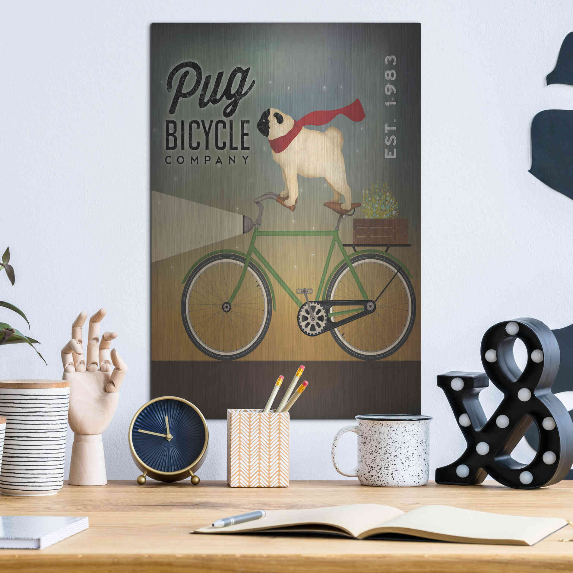 Luxe Metal Art 'Pug on a Bike' by Ryan Fowler, Metal Wall Art,12x16