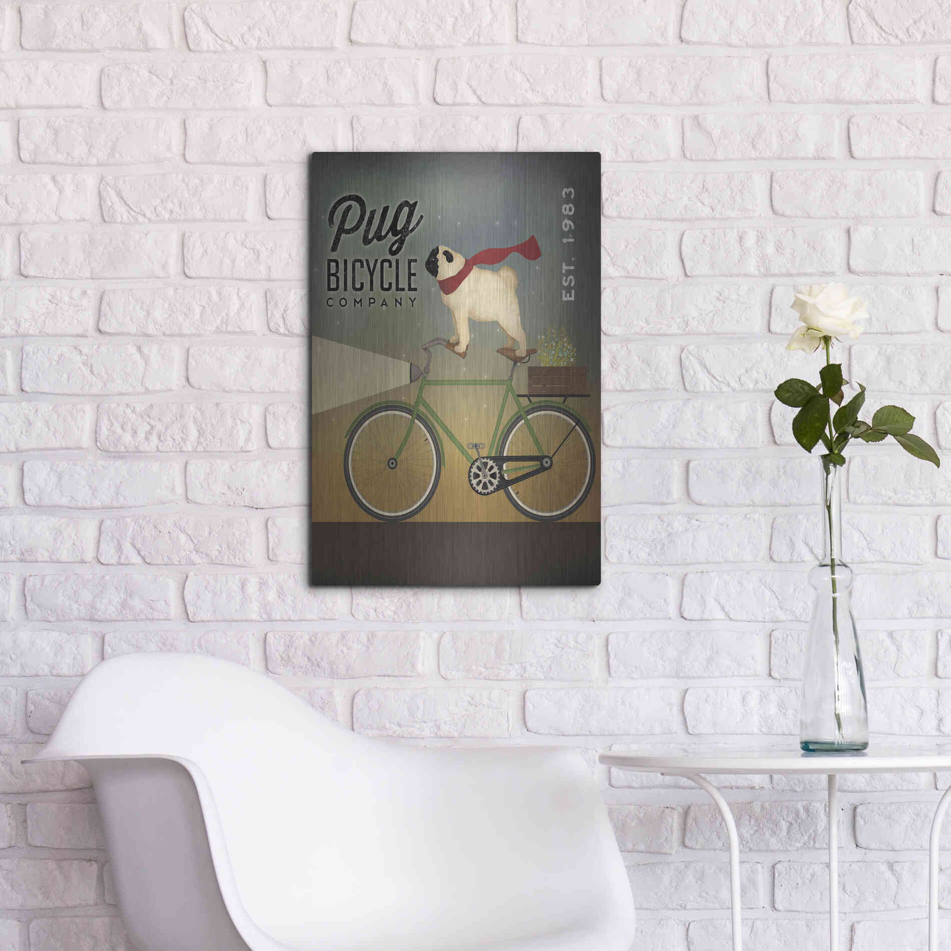 Luxe Metal Art 'Pug on a Bike' by Ryan Fowler, Metal Wall Art,16x24