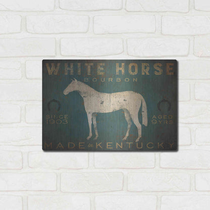 Luxe Metal Art 'White Horse with Words Blue' by Ryan Fowler, Metal Wall Art,16x12