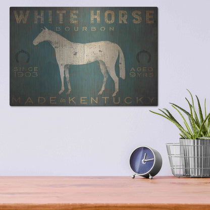 Luxe Metal Art 'White Horse with Words Blue' by Ryan Fowler, Metal Wall Art,16x12