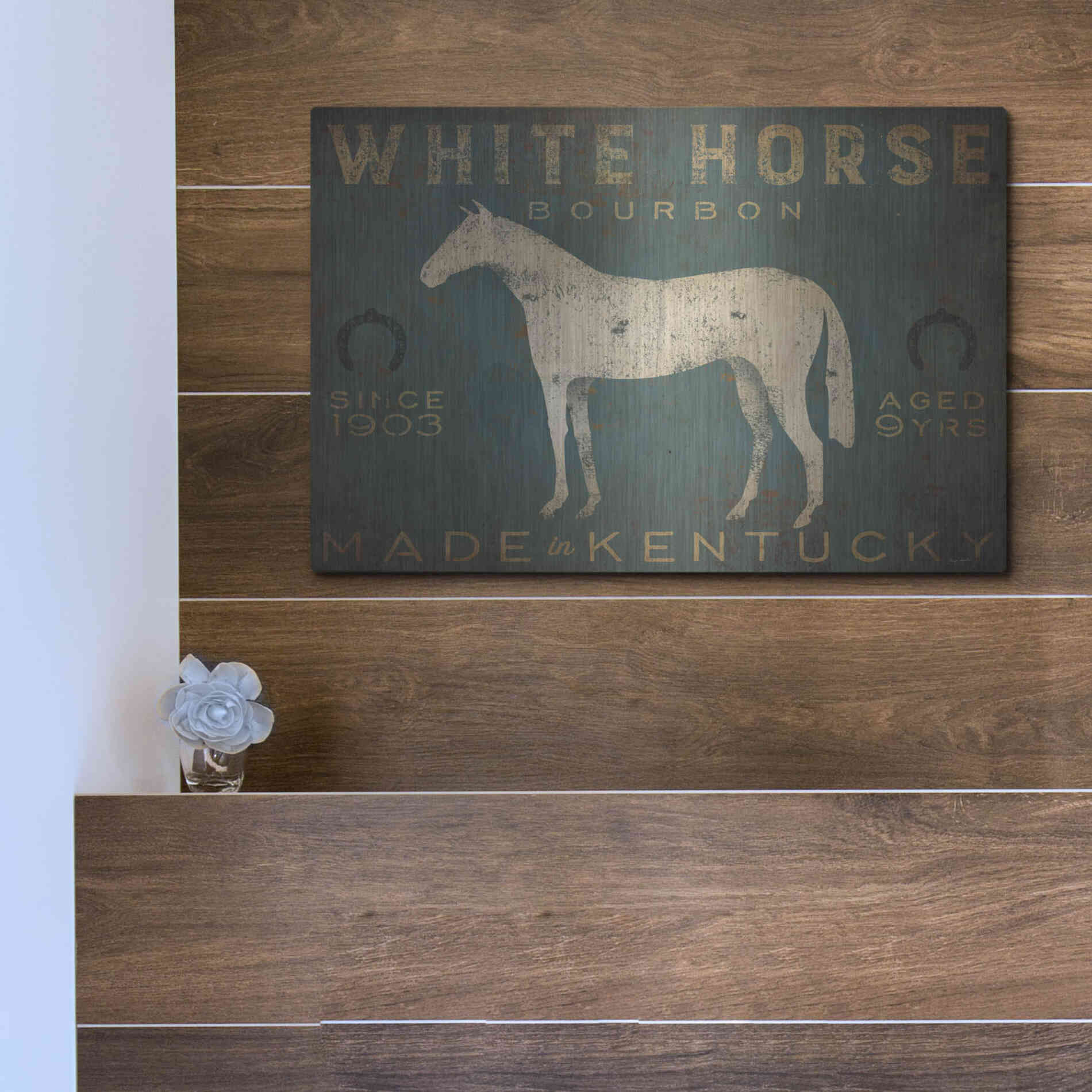 Luxe Metal Art 'White Horse with Words Blue' by Ryan Fowler, Metal Wall Art,16x12