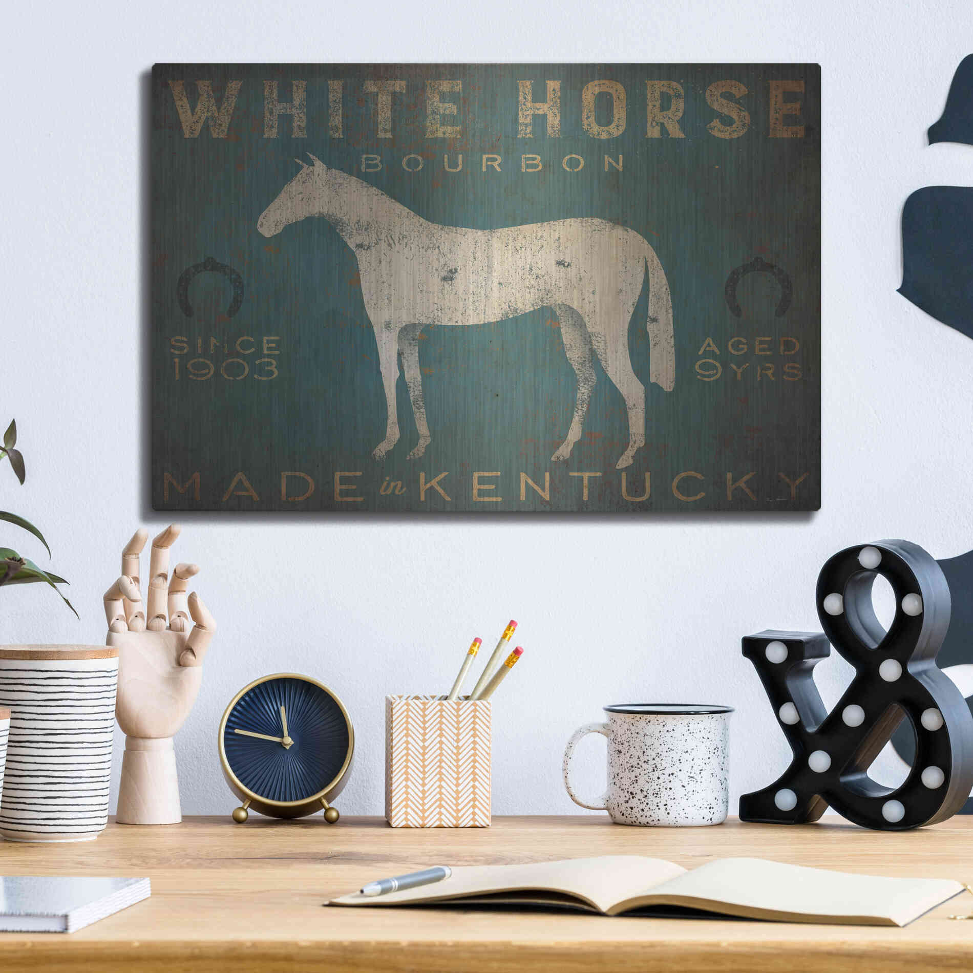 Luxe Metal Art 'White Horse with Words Blue' by Ryan Fowler, Metal Wall Art,16x12