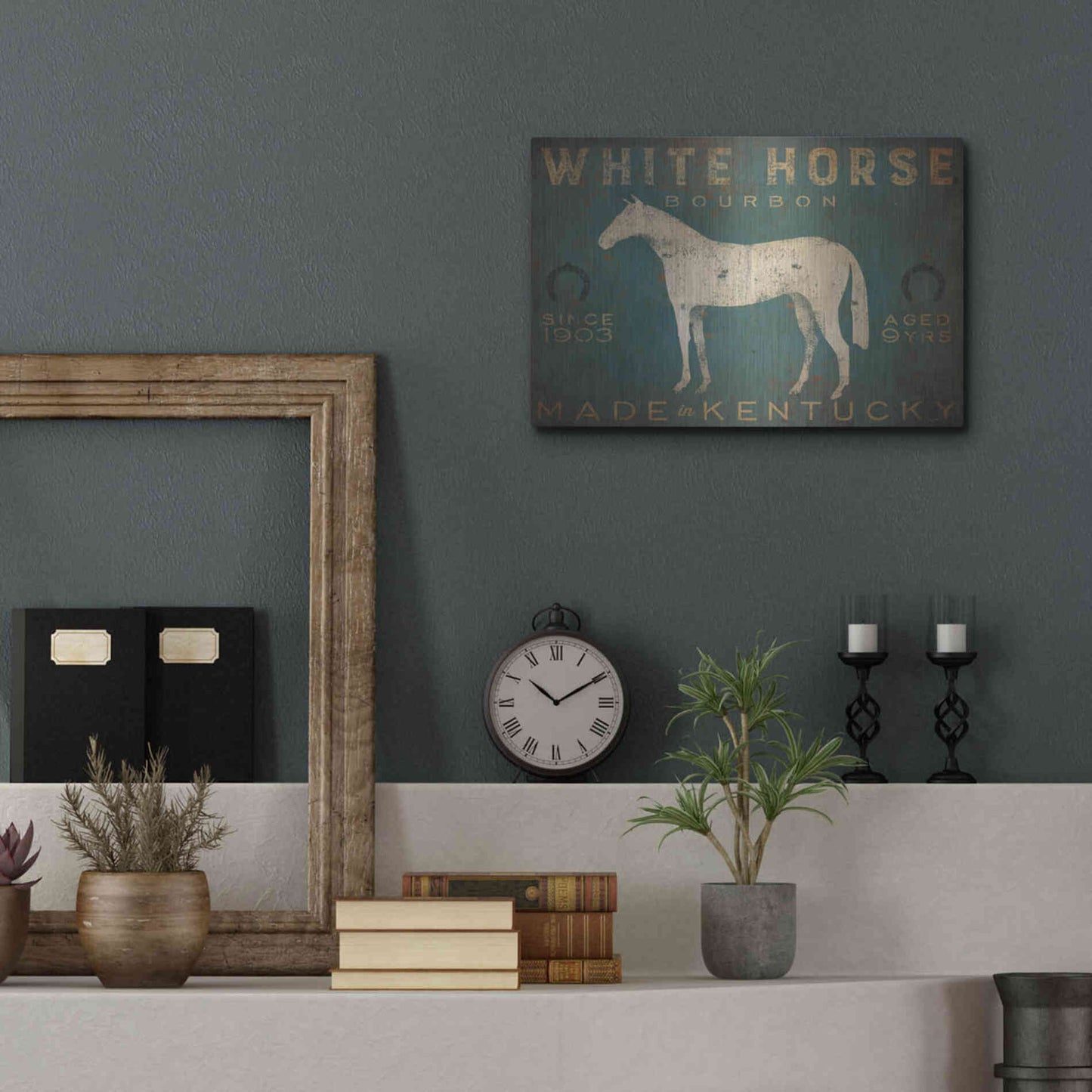 Luxe Metal Art 'White Horse with Words Blue' by Ryan Fowler, Metal Wall Art,16x12