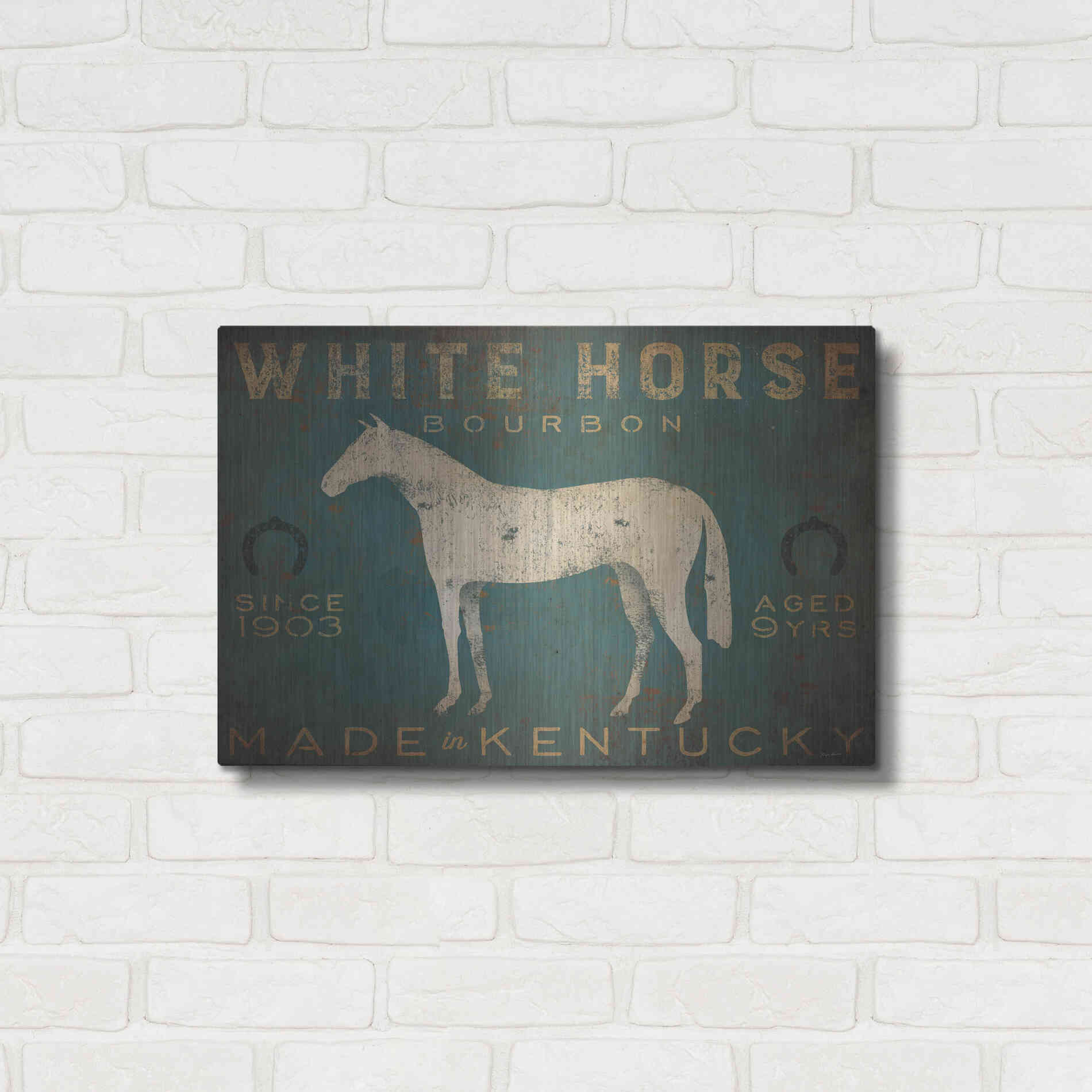 Luxe Metal Art 'White Horse with Words Blue' by Ryan Fowler, Metal Wall Art,24x16