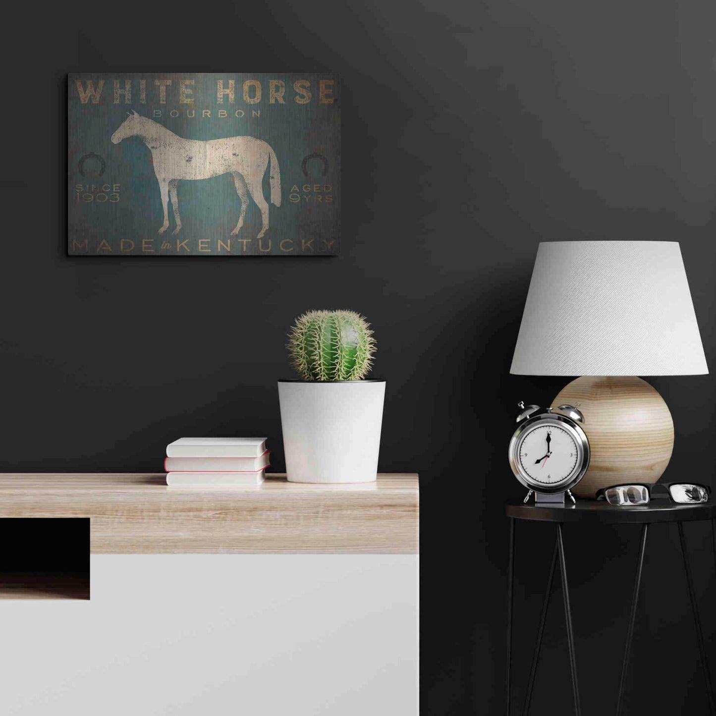 Luxe Metal Art 'White Horse with Words Blue' by Ryan Fowler, Metal Wall Art,24x16