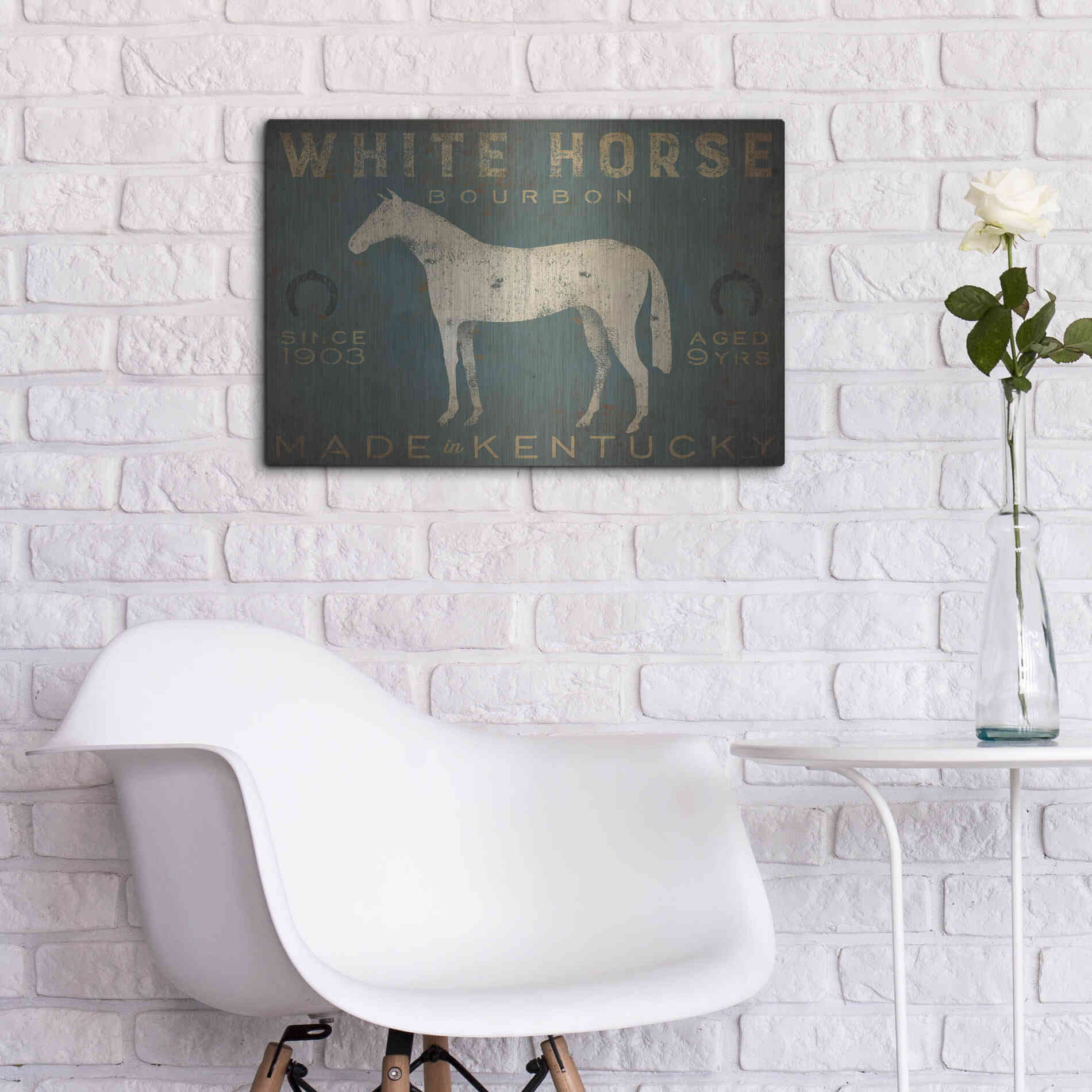 Luxe Metal Art 'White Horse with Words Blue' by Ryan Fowler, Metal Wall Art,24x16