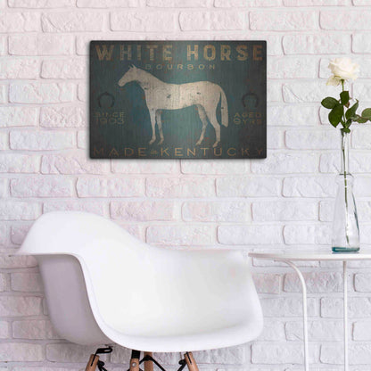 Luxe Metal Art 'White Horse with Words Blue' by Ryan Fowler, Metal Wall Art,24x16