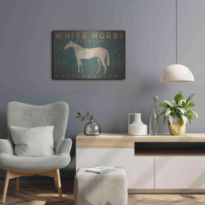 Luxe Metal Art 'White Horse with Words Blue' by Ryan Fowler, Metal Wall Art,24x16